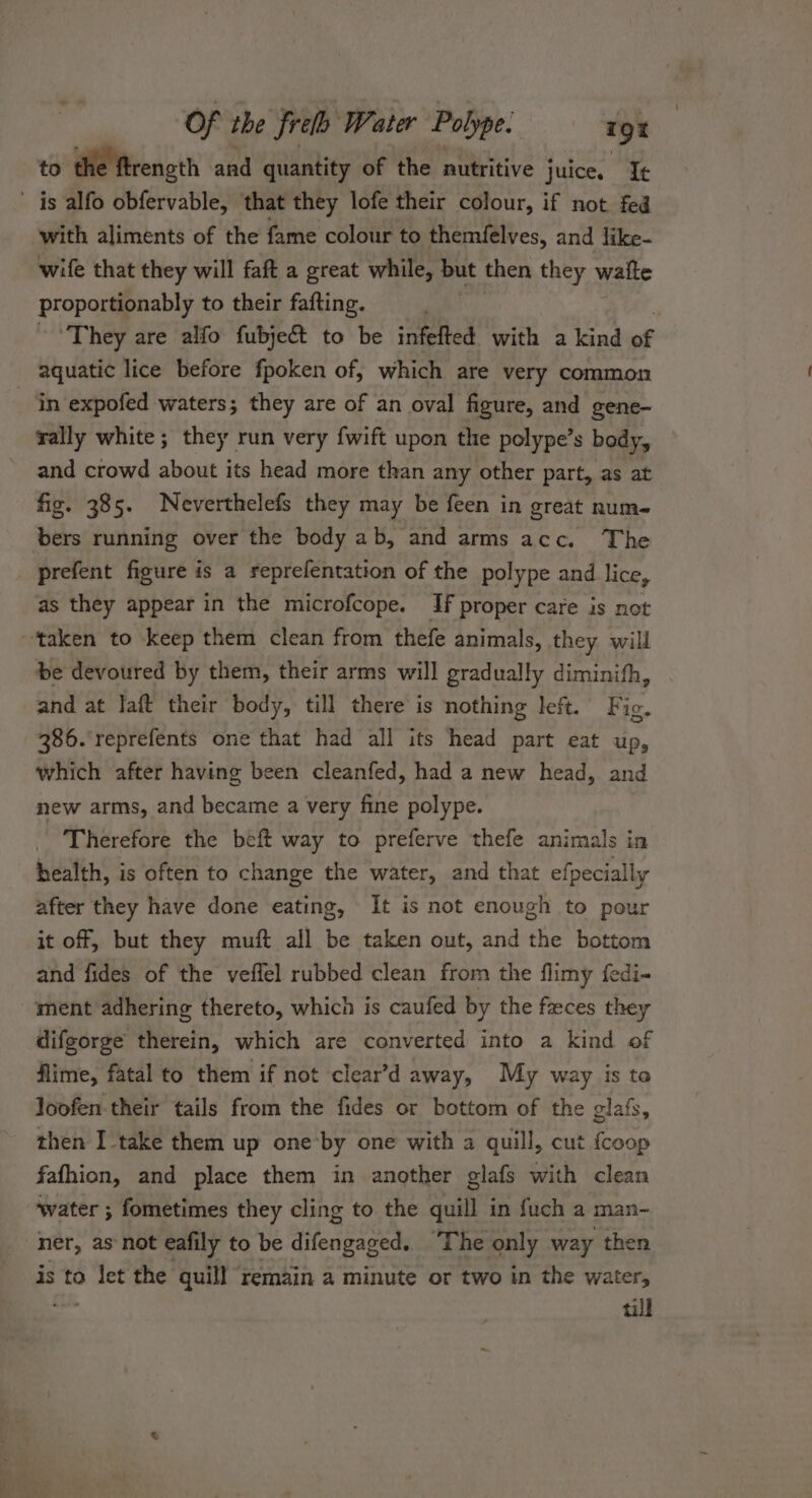 to the ftrenoth and quantity of the nutritive juice, I¢ — is alfo obfervable, that they lofe their colour, if not fed with aliments of the fame colour to themfelves, and like- wife that they will faft a great while, but then they watte proportionably to their fafting. They are alfo fubje&amp; to be infefted with a kind of _ aquatic lice before fpoken of, which are very common in expofed waters; they are of an oval figure, and gene- rally white; they run very fwift upon the polype’s body, and crowd about its head more than any other part, as at fig. 385. Neverthelefs they may be feen in great num- bers running over the body ab, and arms acc. The prefent figure is a reprefentation of the polype and lice, as they appear in the microfcope. IF proper care is not ‘taken to keep them clean from thefe animals, they will be devoured by them, their arms will gradually diminith, and at laft their body, till there is nothing left. Fig. 386. reprefents one that had all its head part eat up, which after having been cleanfed, had a new head, and new arms, and became a very fine polype. Therefore the beft way to preferve thefe animals in health, is often to change the water, and that efpecially after they have done eating, It is not enough to pour it off, but they muft all be taken out, and the bottom and fides of the veffel rubbed clean from the flimy fedi- ment adhering thereto, which is caufed by the faeces they difgorge therein, which are converted into a kind of flime, fatal to them if not clear’d away, My way is to loofen.their tails from the fides or bottom of the glafs, then I take them up one-by one with a quill, cut {coop fafhion, and place them in another glafs with clean water ; fometimes they cling to the quill in fuch a man- ner, as not eafily to be difengaged. ‘The only way then is to a the quill remain a minute or two in the water, tll