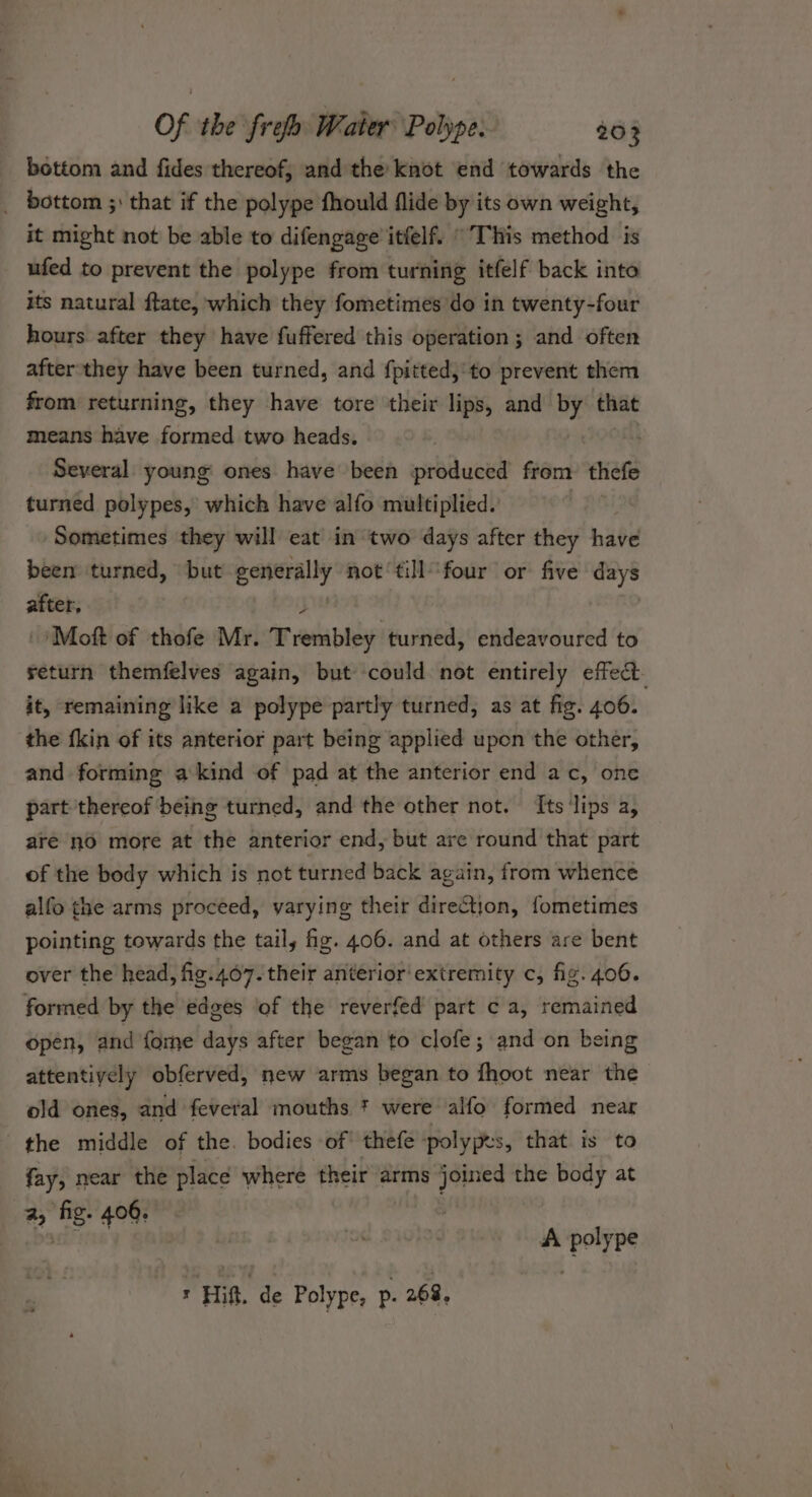bottom and fides thereof, and the knot end towards the _ bottom ;: that if the polype fhould flide by its own weight, it might not be able to difengage itfelf. © This method is ufed to prevent the polype from turning itfelf back into its natural ftate, which they fometimes do in twenty-four hours after they have fuffered this operation ; and often afterthey have been turned, and fpitted;'to prevent them from returning, they have tore their lips, and by that means have formed two heads. Several young: ones have been produced from: thefe turned polypes, which have alfo multiplied. Sometimes they will eat in two days after they have been turned, but generally not ‘tillfour or five days after, } ‘Moft of thofe Mr. Trembley turned, endeavoured to return themfelves again, but could not entirely effect. it, remaining like a polype partly turned, as at fig. 406. the fkin of its anterior part being applied upon the other, and forming a kind of pad at the anterior end ac, one part thereof being turned, and the other not. [Its ‘lips a, are no more at the anterior end, but are round that part of the body which is not turned back again, from whence alfo the arms proceed, varying their direction, fometimes pointing towards the tail, fig. 406. and at others are bent over the head, fig.407. their anterior: extremity c, fig. 406. formed by the edges of the reverfed part c a, remained opén, and fome days after began to clofe; and on being attentively obferved, new arms began to fhoot near the old ones, and feveral mouths * were alfo formed near the middle of the. bodies of! thefe ‘polypes, that is to fay, near the place where their arms joined the body at a, fig. 400, | A polype