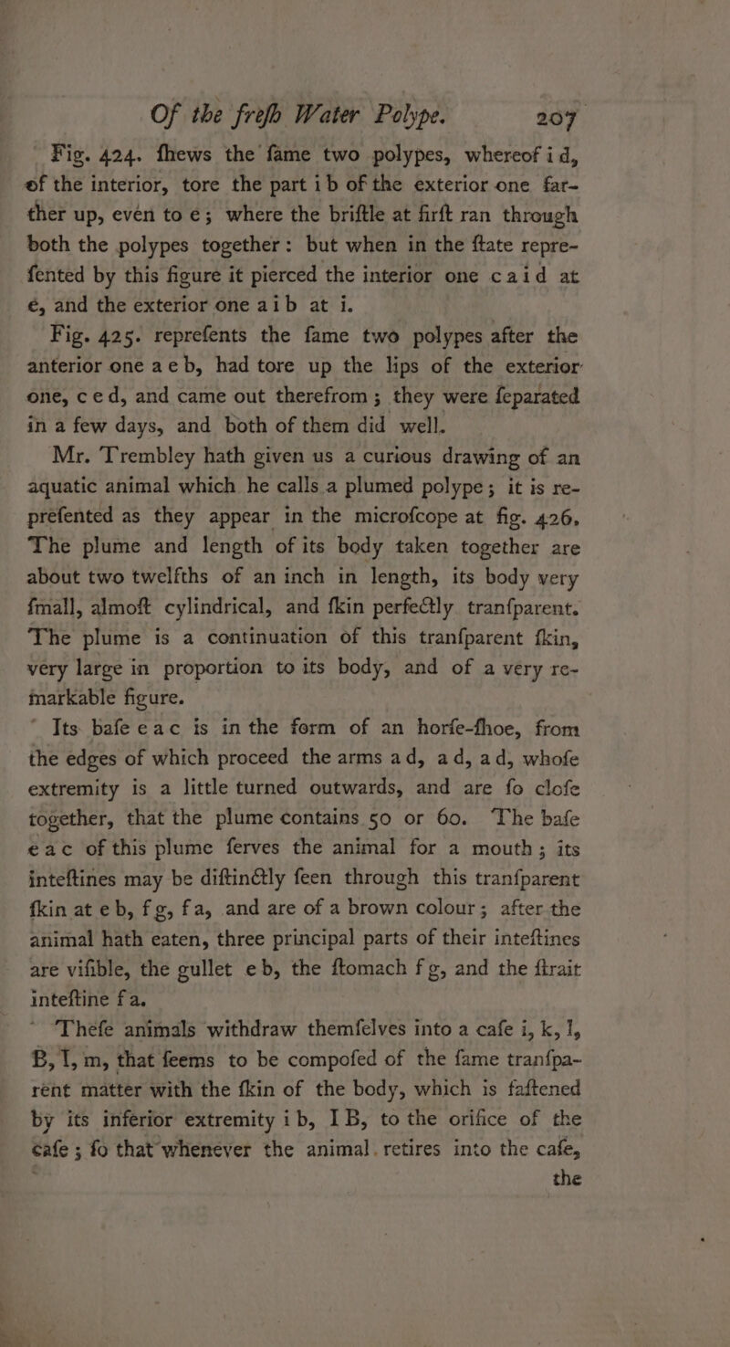 Fig. 424. fhews the fame two polypes, whereof id, of the interior, tore the part ib of the exterior one far- ther up, even to €; where the briftle at firft ran through both the polypes together: but when in the ftate repre- fented by this figure it pierced the interior one caid at é, and the exterior one aib at i. Fig. 425. reprefents the fame two polypes after the anterior one ae b, had tore up the lips of the exterior one, ced, and came out therefrom; they were feparated in a few days, and both of them did well. Mr. Trembley hath given us a curious drawing of an aquatic animal which he calls a plumed polype; it is re- prefented as they appear in the microfcope at fig. 426, The plume and length of its body taken together are about two twelfths of an inch in length, its body very fmall, almoft cylindrical, and fkin perfeCtly tranfparent. The plume is a continuation of this tranfparent fkin, very large in proportion to its body, and of a very re- markable figure. * Tts bafe eac is inthe form of an horfe-fhoe, from the edges of which proceed the arms ad, ad, ad, whofe extremity is a little turned outwards, and are fo clofe together, that the plume contains 50 or 60. “The bafe eac of this plume ferves the animal for a mouth ; its inteftines may be diftin@tly feen through this tranfparent fkin at eb, fg, fa, and are of a brown colour; after the animal hath eaten, three principal parts of their inteftines are vifible, the gullet eb, the ftomach fg, and the firait inteftine fa. Thefe animals withdraw themfelves into a cafe i, k, ], B, 1, m, that feems to be compofed of the fame tranfpa- rent matter with the fkin of the body, which is faftened by its inferior extremity ib, IB, to the orifice of the cafe ; fo that whenever the animal. retires into the cafe, ‘ the