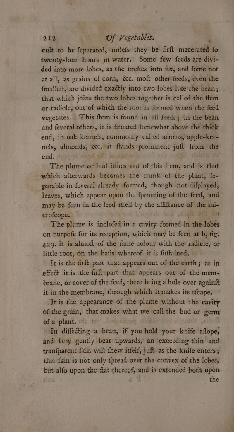 cult to be feparated, unlefs they be firft macerated fo twenty-four hours in water. Some few feeds are divi- ded into more lobes, as the crefles into fix, and fome not at all, as grains of corn, &amp;c. moft other feeds, even the fmalleit, are divided exa@tly into two lobes like the bean; that which joins the two lobes together is called the ftem or radicle, out of which the root is formed when the feed vegetates.. This {tem is found in all feeds; in the bean and feveral others, it is fituated fomewhat above the thick end, in oak kernels, commonly called acorns, apple-ker- * nels, almonds, Be. at ftands : prominent juft from on end. 4 : . The plume or bud hres out of this ne and is that which afterwards becomes the trunk of the plant, fe- parable in feveral already formed, though not-difplayed, leaves, which appear upon the fprouting of the feed, and may be feen in the feed itfelf by the affiftance of the mi- crofcope. an Ss : The plume is inclofed in a cabvhey formed in ‘the. lobes on purpofe for its reception, which may be feen at b, fig. 429. it is almoft of the fame colour with the: radicle, or little root, on the bafis whereof it is fuftained. . It is the firft part that appears out of the earth; as in effect itis the firft:part that appears out of the mem- brane, or cover of the feed, there being a hole over againft it in the membrane, through which it makes its efcape. It is the appearance of the plume without the cavity ofthe grain, that makes what we call the bud or: germ of a plant. “In diflecting a bean, if you hold your kisife af; and Very gently bear upwards, an exceeding thin and tran{parent fkin will fhew itfelf, juft as the knife enters ; this {kin is not enly fpread over the convex of the lobes, but alfo upon the flat thereof, and is extended both upon the
