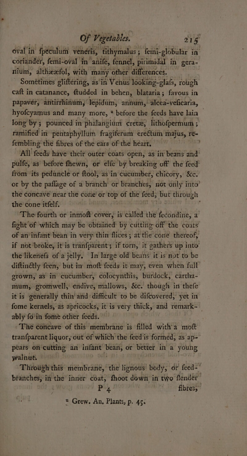 oval’ in “fpéculum venéris, ‘tithymalus ; feini- globular in coriander, femi-oval in “anife, fennel, pirimidal in gera- nium, althezfol, with many ‘other differences. Sométimes gliftéring, as‘in Venus looking-glafs, rough caft in catanance, ftudded in behen, blataria; favous in papaver, aiitirrhinum, lepidum, annum, alcea-veficaria, hyofcyamus and many more, * before the feeds have lain | long by ; pounced in phalangiun crete, lithofpermum ; ; ramified in pentaphyllum fragiférum ereGtum majus, re- fembling the fibres of the ears of the heart, All feeds have their outer coats open, as in beans and’ pulfe, as’ before fhewn, or elfe by breaking off the feed’ from ‘its peduncle or ftool, as in cucumber, chicory, &amp;c. or by the paflage of a branch’ or branches, not only into’ the concave near the cone’ or ne of the feed, but through the cone itfelf. | The fourth or inmoft cover, is called the fedondine, a fight of which may be obtained by cuttiiiz off the coats of an’infant bean in very thin flices ; at tHe cone thereof, if not broke, it is tranfparent; if torn, it gathers up into’ the'likenéfs of a jelly. In large old beans it is nyt to be diftinGly feen, but in moft feeds it may, even when full grown, as in cucumber, colocynthis, burdock, cartha- y mum,. gromwell,: éridive, mallows, &amp;c. though in thefe it is generally thin’ and difficult to be atitiovered: yet in fome kernels, as apricocks, it is very thick, and remark-— ably fo'in fome other feeds. The concave of this membrane is filled witha mtstt tran{parent liquor, out: Of which’ the feed'is forméd; as ap- pears on cutting an infant ee or better in a young walnut. Throigh this membrane, the lignous body, or feed= branches, in the inner coat, fhoot down in two lend’ rg fibres, % Grew. An, Plants, p. 45. /