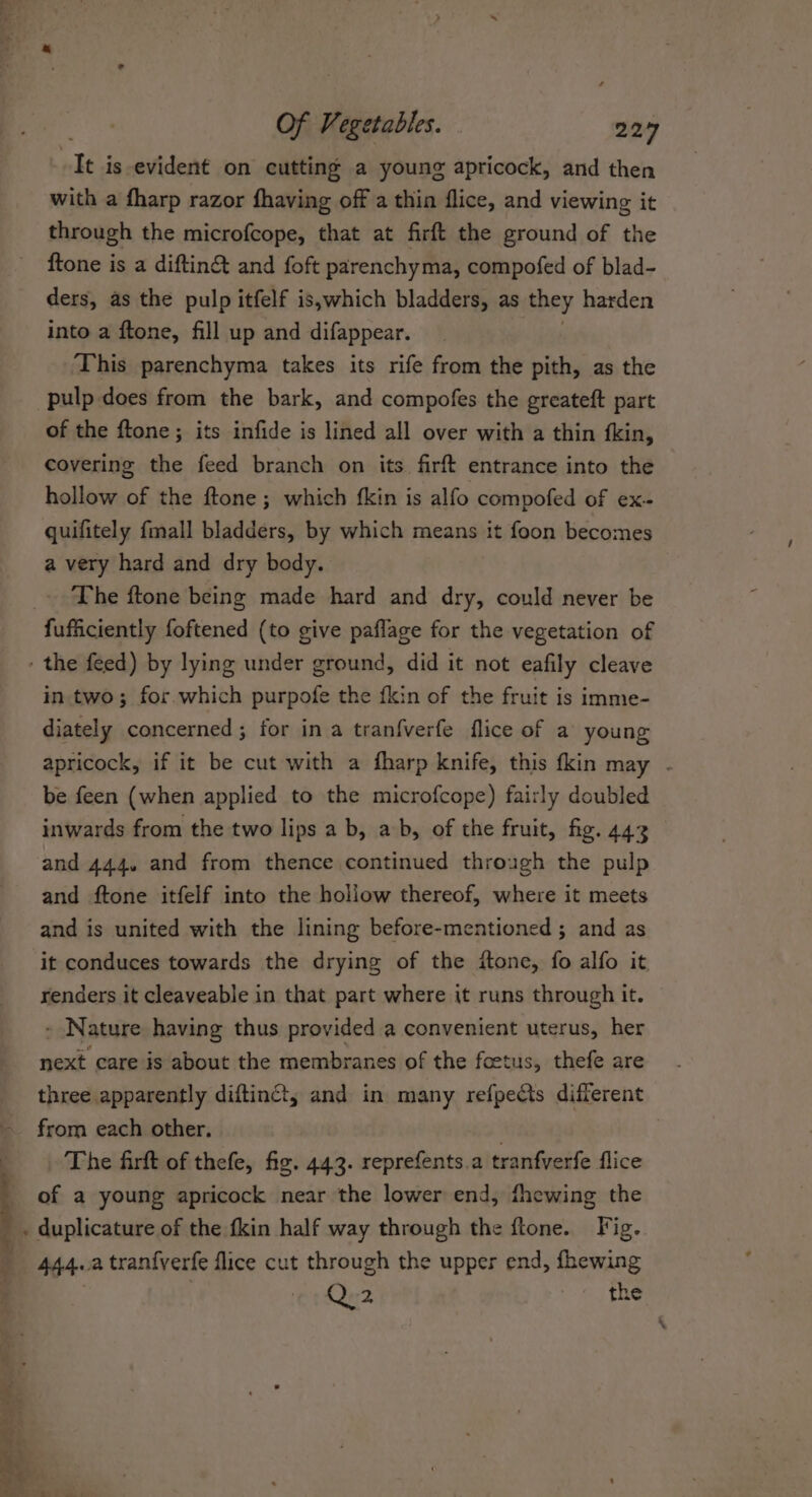 ie Ma Oa) ae, eS It is evident on cutting a young apricock, and then with a fharp razor fhaving off a thin flice, and viewing it through the microfcope, that at firft the ground of the ftone is a diftin&amp; and foft parenchyma, compofed of blad- ders, as the pulp itfelf is,which bladders, as they harden into a ftone, fill up and difappear. This parenchyma takes its rife from the pith, as the pulp does from the bark, and compofes the greateft part of the ftone ; its infide is lined all over with a thin fkin, covering the feed branch on its firft entrance into the hollow of the ftone; which {kin is alfo compofed of ex. quifitely {mall bladders, by which means it foon becomes a very hard and dry body. _ The ftone being made hard and dry, could never be in two; for.which purpofe the fkin of the fruit is imme- diately concerned ; for ina tranfverfe flice of a young apricock, if it be cut with a fharp knife, this fkin may - be feen (when applied to the microfcope) fairly doubled inwards from the two lips a b, ab, of the fruit, fig. 44.3 and 444. and from thence continued through the pulp and ftone itfelf into the holiow thereof, where it meets and is united with the lining before-mentioned ; and as it conduces towards the drying of the ftone, fo alfo it renders it cleaveable in that part where it runs through it. - Nature having thus provided a convenient uterus, her $8: care is about the membranes of the foetus, thefe are three apparently diftint, and in many refpects different from each other. The firft of thefe, fig. 443. reprefents.a tranfverfe flice of a young apricock near the lower end, fhewing the 44402 tranfverfe flice cut through the upper end, fhewing Q.2 the