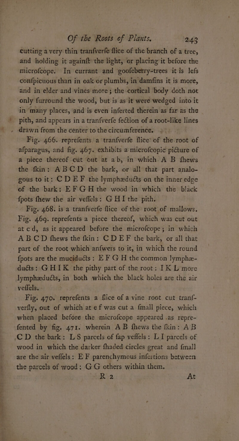 cutting a very thin tranfverfe flice of the branch of a tree, and holding it againft the light, or placing it before the microfcope. In currant and goofeberry-trees it is lefs con{picuous than in oak or plumbs, in damfins it is more, and in elder and vines more; the cortical body doth not only furround the wood, but is as it were wedged into it in ‘many places, and is even inferted therein as far as the pith, and appears in a tranfverfe feCtion of a root-like lines drawn from the center to the circumference. | Fig. 466. reprefents a tranfverfe flice’ of the root of afparagus, and fig. 467. exhibits a microfcopic picture of a piece thereof cut out at ab, in which A B fhews the fkin: ABCD the bark, or all that part analo- gous to it: CD EF the lymphezduéts on the inner edge of the bark: EF GH the wood in which the black fpots fhew the air veffels: GH1I the pith. Fig. 468. is a tranfverfe flice of the root of mallows. Fig. 469. reprefents a piece thereof, which was cut out at cd, as it appeared before the microfcope; in which ABCD thews the fkin: C DEF the bark, or all that | part of the root which anfwers to it, in which the round {pots are the muciducts: E F G H the common lymphe- ducts: GHIK the pithy part of the root: IK L more lymphzdu@ts, in both which the black holes are the air veffels. . Fig. 470. reprefents a flice of a vine root cut tranf- verfly, out of which at ef was cut a {mall piece, which when placed before the microfcope appeared .as repre- fented by fig. 471. wherein AB fhews the fkin: AB CD the bark: LS parcels of fap veffels: LI parcels of wood in which the darker fhaded circles great and fmall are the air veflels: EF parenchymous infertions between the parcels of wood: GG others within them, Ry At