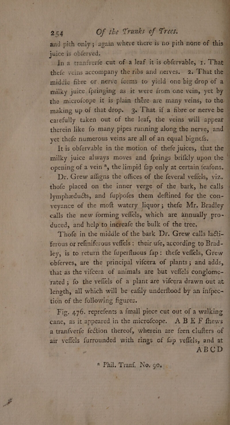 We juice is obferved. thefe veins accompany the ribs and nerves. 2. ‘That the making up of that drop. 3. That if a fibre or nerve be yet thefe numerous veins are all of an equal bignefs. It is obfervable in the motion of thefe juices, that the milky juice always moves and {prings brifkly upon the opening of a vein *, the limpid fap only at certain feafons. ! thofe placed on the inner verge of the bark, he calls lymphezducts, and fuppofes them deftined for the con- ; duced, and help to inlets the bulk of the tree. Thofe in the middle of the bark Dr. Grew calls laéti- ferous or refinifcrous veffels : their ufe, according to Brad- ley, is to return the fuperfluous fap: thefe veflels, Grew obferves, are the principal vifcera of plants; and adds, length, all which will be eafily underftood by an infpec- tion of the following figures. cane, as it appeared in the microfcope. A BE F fhews a tran{verfe fe&amp;tion thereof, wherein are feen clufters of air Sesh furrounded with rings of fap veflels, and at ABCD