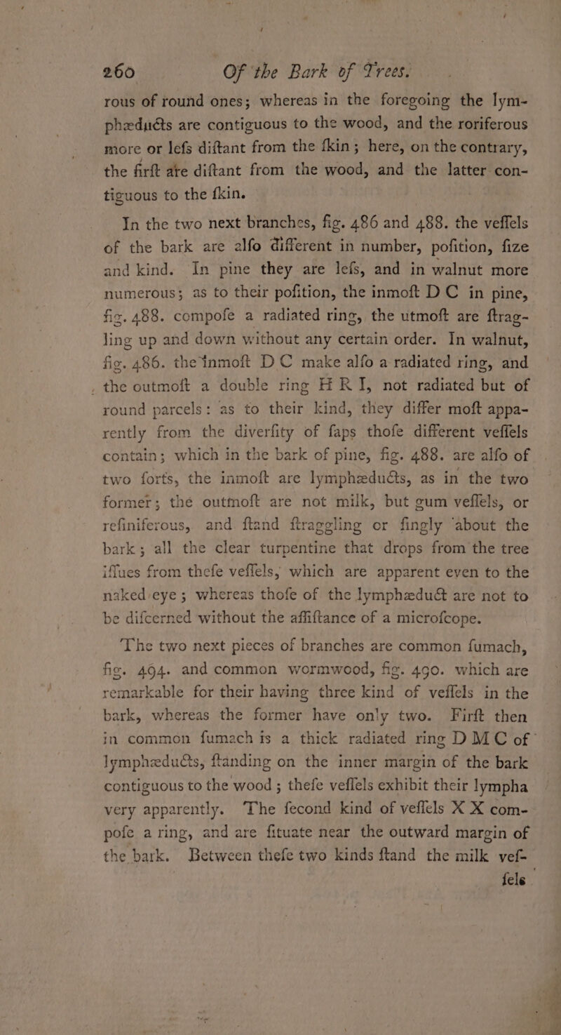 rous of round ones; whereas in the foregoing the lym- phedudts are contiguous to the wood, and the roriferous more or lefs diftant from the fkin; here, on the contrary, the firft ate diftant from the wood, and the latter con- tiguous to the fkin. In the two next branches, fig. 486 and 488. the veffels of the bark are alfo different in number, pofition, fize and kind. In pine they are lefs, and in walnut more numerous; as to their pofition, the inmoft DC in pine, fic. 488. compofe a radiated ring, the utmoft are ftrag- ling up and down without any certain order. In walnut, fig. 486. the inmoft DC make alfo a radiated ring, and _ the outmoft a double ring H RJ, not radiated but of round parcels: as to their kind, they differ moft appa- rently from the diverfity of faps thofe different veffels contain; which in the bark of pine, fig. 488. are alfo of two forts, the inmoft are lymphedués, as in the two former; thé outmoft are not milk, but gum veflels, or refiniferous, and. ftand ftraggling or fingly ‘about the bark; all the clear turpentine that drops from the tree iffues from thefe veflels,; which are apparent even to the naked eye ; whereas thofe of the lymphzdu@ are not to be difcerned without the affiftance of a microfcope. ‘The two next pieces of branches are common fumach, fic. 494. and common wormwood, fig. 4g0. which are remarkable for their having three kind of veflels in the bark, whereas the former have only two. Firft then lympheduéts, ftanding on the inner margin of the bark contiguous to the wood ; thefe veflels exhibit their lympha very apparently. The fecond kind of veflels X X com- pofe aring, and are fituate near the outward margin of the bark. Between thefe two kinds ftand the milk vef- fele
