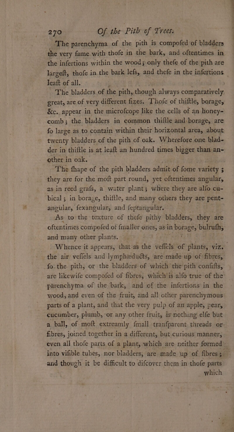 ‘The parenchyma of the pith is compofed of bladders ' the very fame with thofe in the bark, and oftentimes in the infertions within the wood; only thefe of the pith are largeft, thofe in the bark lefs, and thefe in the infertions Teaft of all. | The bladders of the pith, though always comparatively great, are of very different fizes. ‘Thofe of thiftle, borage, &amp;c. appear in the microfcope like the cells of an honey- comb; the. bladders in common thiftle and:borage, are fo large as to contain within their horizontal area, about twenty bladders of the pith of oak. Wherefore one blad- der in thiftle is at leaft an hundred times bigger than an- other in oak. | The fhape of the pith bladders admit of faitie. variety 5 they are for the moft part round, yet oftentimes angular, as in reed grafs, a water plant; where they are alfo cu- bical ; in borage, thiftle, and many others they are pent- angular, fexangular, and feptangular. As to the texture of thefe pithy bladders, they are oftentimes compofed of {maller Siiee as in borage, bulrufh, and many other plants. Whence it appears, that‘as the pee of plants, viz. the air vefiels and lymphedudts, are made up of fibres, fo.the pith, or the bladders of which’ the’ pith confifts, are likewife compofed of fibres, which'is alfo true of the: parenchyma of the bark, and of the infertions in the wood, and even of the fruit, and all other parenchymous parts of a plant, and that the very pulp of am apple, pear, cucumber, plumb, -or any other fruit, is nothing elfe but a ball, of moft extreamly {mall tranfparent. threads or- fibres, joined together in a different, but curious manner, even all thofe parts of a plant, which are neither formed” into vifible tubes, nor bladders, are made up of fibres; and though it be difficult to difcover them in thofe parts which