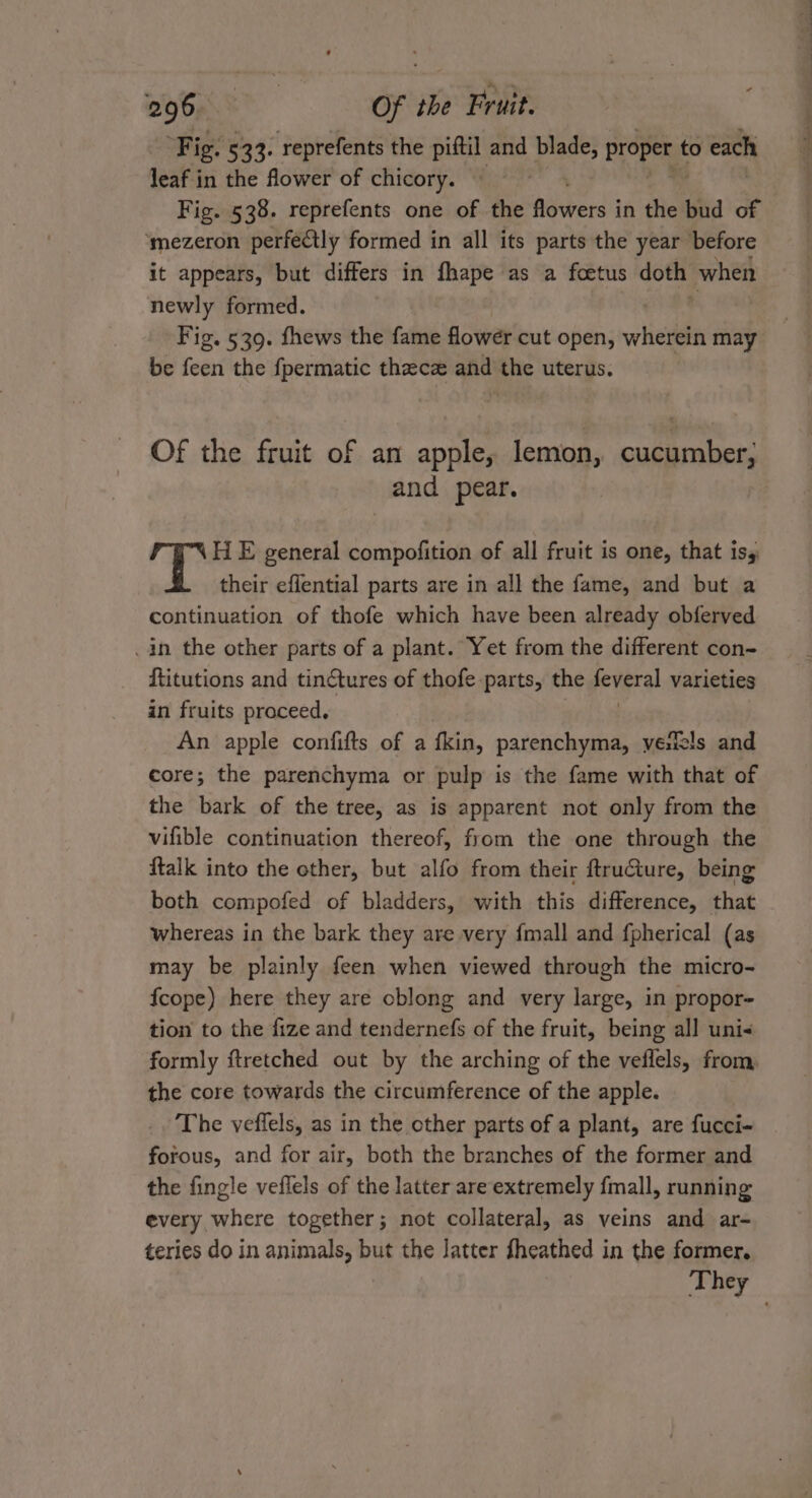 Fig. 533. reprefents the piftil and blade, proper t to each leaf in the flower of chicory. ; Fig. 538. reprefents one of the Warhead in the bud of ‘mezeron perfectly formed in all its parts the year before it appears, but differs in fhape as a foetus doth when newly formed. . Fig. 539. fhews the fame flower cut open, wherein may be teen’ the fpermatic thecz and the uterus. Of the fruit of an apple, lemon, cucumber, and pear. HE general compofition of all fruit is one, that iss their eflential parts are in all the fame, and but a continuation of thofe which have been already obferved _4n the other parts of a plant. Yet from the different con- ftitutions and tinctures of thofe parts, the peveral varieties in fruits proceed, An apple confifts of a fkin, parenchyma, verels and core; the parenchyma or pulp is the fame with that of the bark of the tree, as is apparent not only from the vifible continuation thereof, from the one through the ftalk into the other, but alfo from their ftructure, being both compofed of bladders, with this difference, that whereas in the bark they are very {mall and fpherical (as may be plainly feen when viewed through the micro- {cope) here they are cblong and very large, in propor- tion to the fize and tendernefs of the fruit, being all uni&lt; formly ftretched out by the arching of the veflels, from, the core towards the circumference of the apple. The veffels, as in the other parts of a plant, are fucci- forous, and for air, both the branches of the former and the fingle veflels of the latter are extremely fmall, running every where together; not collateral, as veins and ar- teries do in animals, but the latter fheathed in the former.