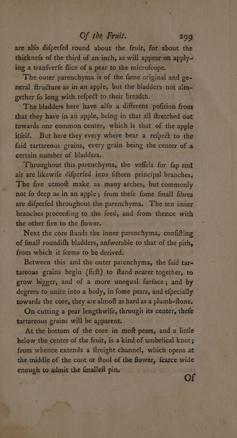 are alfo difperfed round about the fruit, for about the thicknefs of the third of an inch, as will appear on apply~ ing a tranf{verfe flice of a pear to the microfcope. The outer parenchyma i is of the fame original and ge- neral ftruGture as in an apple, but the bladders not alto- gether fo long with refpect to their breadth. The bladders here have alfo a different ‘pofition from that they have in an apple, being in that all ftretched out towards one common center, which is that of the apple itfelf. But here they every where bear a refpect to the faid tartareous grains, every grain being the center of a certain number of bladders.. Throughout this. parenchyma, the veffels fer fap and air are likewife difperfed into fifteen principal branches. The five utmoft make as many arches, but commonly not fo deep as in an apple; from thefe fome fmall fibres are difperfed throughout the parenchyma. The ten inner branches proceeding to the feed, and from thence with the other five to the flower. Next the core ftands the inner parenchyma, confifting of {mall roundifh bladders, anfwerable to that of the pith, - from which it feems to be derived. Between this and the outer parenchyma, the faid tars tareous grains begin (firft) to ftand nearer together, to. grow bigger, and of a more unequal. furface; and by degrees to unite into a body, in fome pears, and efpecially towards the core, they are almoft as hard as a plumb-ftone, On cutting a pear lengthwife, through its center, thefe tartareous grains will be apparent. At the bottom of the core in moft pears, and a little below the center of the fruit, is a kind of umbelical knot; from whence extends a ftreight channel, which opens at the middle of the core or ftool of the flower, fcarce wide enough to admit the fmalleft pins -
