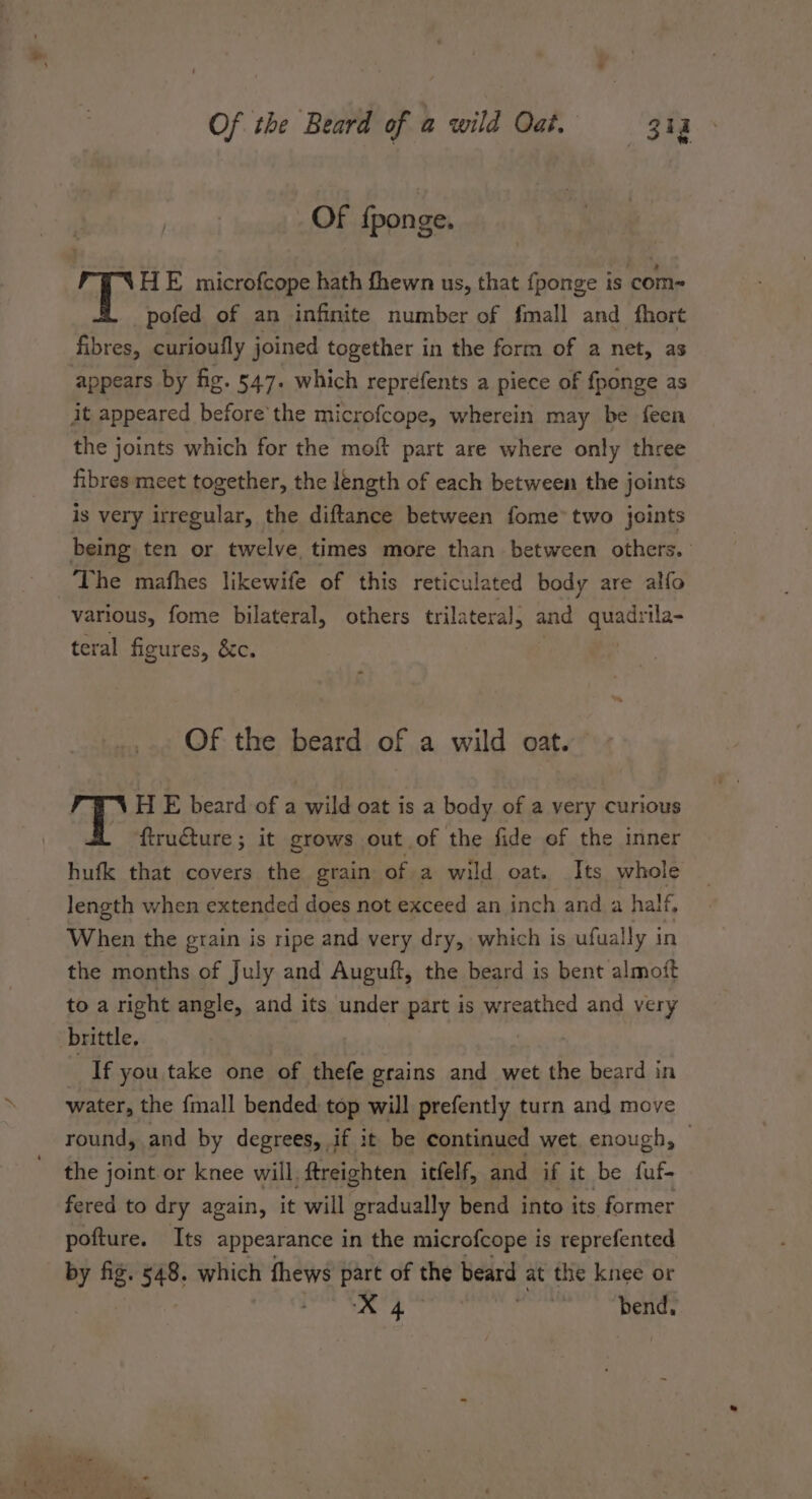 Of the Beard of a wild Oat. 3ia Of fponge. HE microfcope hath fhewn us, that fponge is com~ pofed of an infinite number of fmall and fhort fibres, curioully joined together in the form of a net, as appears by fig. 547. which reprefents a piece of fponge as it appeared before’ the microfcope, wherein may be feen the joints which for the moft part are where only three fibres meet together, the length of each between the joints is very irregular, the diftance between fome* two joints being ten or twelve, times more than between others. The mafhes likewife of this reticulated body are alfo various, fome bilateral, others trilateral, and Seana teral figures, &amp;c. Of the beard of a wild oat. H E beard of a wild oat is a body of a very curious ftructure; it grows out of the fide of the inner hufk that covers the grain of a wild oat. Its whole length when extended does not exceed an inch and a half, When the grain is ripe and very dry, which is ufually in the months of July and Auguft, the beard is bent almott to a right angle, and its under part is wreathed and very brittle, | If you take one of thefe grains and wet the beard in water, the {mall bended top will prefently turn and move round, and by degrees, if it be continued wet enough, the joint or knee will, ftreighten icfelf, and if it be fuf- fered to dry again, it will gradually bend into its former pofture. Its appearance in the microfcope is reprefented by fig. 548. which fhews part of the beard at the knee or cP ea pot bend.
