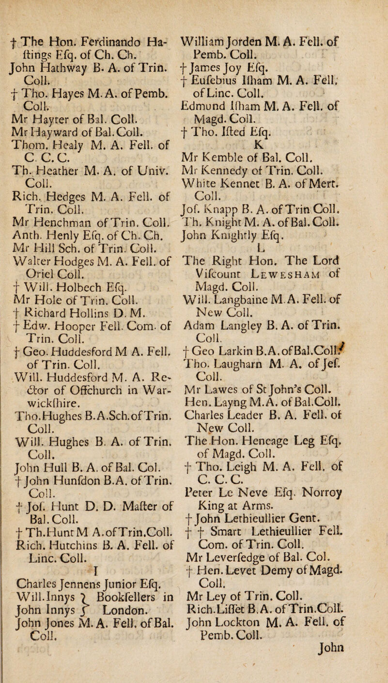 f The Hon. Ferdinando Ha- ftings Efq. of Ch. Ch. John Hathway B. A. of Trin. Coll. f Tho. Hayes M. A. ofPemb. Coll. Mr Hayter of Bai. Coll. Mr Hayward of Bai. Coll. Thora. Healy M. A. Fell. of c c. c. Th. Heather M. A. of Univ. Coll. Rich. Hedges M. A. Fell. of Trin. Coll. Mr Henchman of Trin. Coll. Anth. Henly Efq. of Ch. Ch. Mr Hill Sch. of Trin. Coli. Walrer Hodges M. A. Fell. of Orici Coll, f Wili. Holbech Efq. Mr Hole of Trin. Coll, t Richard Hollins D. M. f Edw. Hooper Fell. Com. of Trin. Coll. f Geo. Huddesford M A. Fell. of Trin. Coll. Will. Huddesford M. A. Re^ ótor of Ofìchurch in War- wickfliire. Tho.Hughes B.A.Sch.ofTrin. Coll. Will. Hughes B. A. of Trin. Coll. John Hull B. A. of Bai. Col. f John Hunfdon B.A. ofTrin. Coll. f Jof. Hunt D. D. Mafter of Bai. Coll. fTh.HuntM A.ofTrin.Coll. Rich. Hutchins B. A. Fell. of Line. Coll. T Charles Jennerrs Junior Efq. Will.Innys ^ Bookfellers in John Innys j London. John Jones M. A. Fell. ofBal. Coll. William Jorden M. A. Fell. of Femb. Coll, f James Joy Efq. f Eufebius llham M. A. Fell. of Line. Coll. Edmund Ifliam M. A. Fell. of Magd. Coll, t Tho. Ifled Efq. K Mr Kemble of Bai. Coli. Mr Kennedy of Trin. Coll. White Kennet B. A. of Mert. Coll. Jof. Knapp B. A. ofTrin Coll. Th. Knight M. A. ofBal. Coli. John Knigluly Efq. The Right Hon. The Lord Vifeount Lewesham of Magd. Coll. Will. Langbaine M A. Fell. of New Coll. Adam Langley B.A. ofTrin. Coll. f Geo Larkin B.A.ofBal.ColI.’^ Tho. Laugharn M. A. of Jef. Coll. Mr Lawes of St John’s Coll. Hen. Layng M. A. of Bai.Coll. Charles Leader B. A. Fell. of New Coll. The.Hon. Eleneage Leg Efq. of Magd. Coll. t Tho. Leigh M. A. Fell, òf c. c. c. Peter Le Neve Efq. Norroy King at Arms. f John Lethieullier Genr. f f Smart Lethieullier Fell. Com. ofTrin. Coll. Mr Leverfedge of Bai. Col. f Hen.Levet Demy ofMagd. Coll. Mr Ley of Trin. Coll. Rich.LiflTec B.A. of Trin.CoìI. John Lockton M. A. Fell. of Pemb. Coll. John