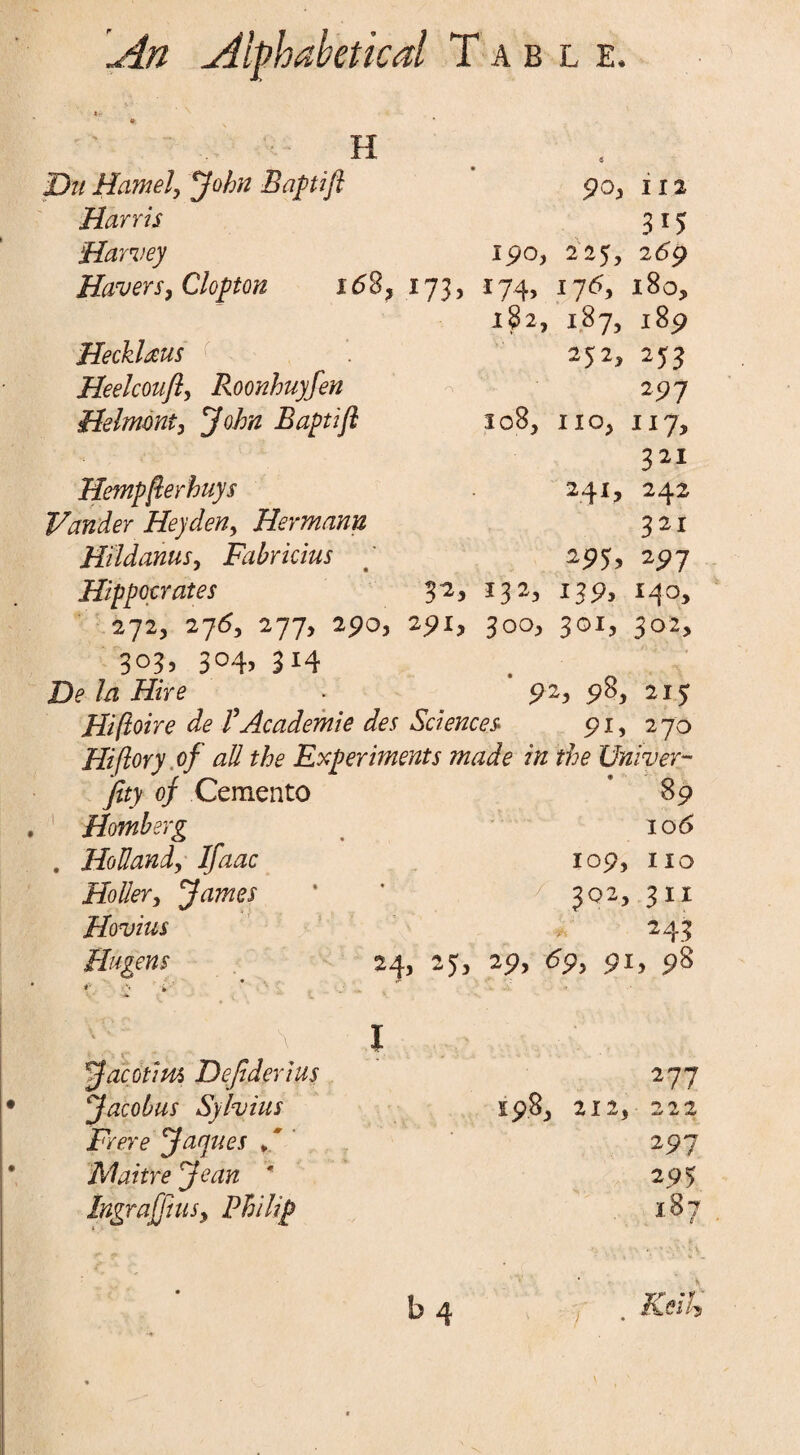 h Du Hamel, John Baptift 90^ 1x2 Harris 315 Harvey 190, 225, 269 Haver s}Clopton i<58, 173, 174, 176, 180, 182, 187, 189 Hecklscus Heelcoufl, Roonhuyfen Helmont, John Baptift 252, 253 297 208, ixo, 117, 321 Hempfterhuys 241, 242 Vander Hey den y Hermann 321 Hildanusj Fabrkius 295, 297 Hippocrates 3-2, 132., 139, 140, 272, 276, 277, 290, 291, 300, 301, 302, 303, 304, 314 D? la Hire • 92, 98, 215 Hiftoire de B Academe des Sciences 91, 270 Hi (lory of all the Experiments made in the Univer- fity of Cemento Homberg . Holland, Holler, James Hovius Hagens 89 106 109, IIO 302, 311 243 24, 25, 29, 69, 91, 98 / JacotiHS Dejiderius Jacobus Sylvius Frere Jaqttes A JVJaitre Jean * Ingrafftusy Philip I 277 1983 212, 222 297 295 187