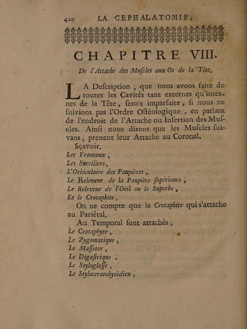 40 ie LA GEPHALATONIER ARS A A it . Fo pe CHAPITRE VI. le . De l'Attache des mer les aux Os _ Ja! Lo routes les Cavités tant externes qu'inter… _ nes pe la Tête, feroit imparfaite , fi nous ne! fuivions pas l'Ordre Oftéologique , en parlant de l'endroit de l’Attache ou Infertion des Muf- cles. Ainfi nous dirons que les Mufcles fui- vans , prenent leur Attache au Coronal. Sçavoir. : Les Frontaux : Les Sarciliers, L’Orbiculaire sh Panpières : | Le Releueur de la Paupière fupérieure ; Le Releveur de l'Oeil ou le Sante | Er le Croraphite, On ne compte que Le Crotaphité quis'actache au Pariétal, Au Temporal font attachés , Le Crotaphyte | Le Zygomatique ; Le Maffeter, Le Digaftrique ; Le Sryloglofe , Le Styloceratohyoidien , -# ”