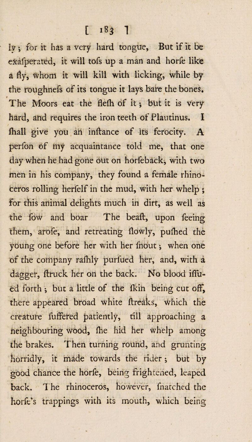 iv ; for it has a very hard tongue, But if it be exafperated, it will tofs up a man and horfe like a fly, whom it will kill with licking, while by the roughnefs of its tongue it lays bare the bones. The Moors eat the flefli of it •, but it is very hard, and requires the iron teeth of Plautinus. I fhall give you ah inftance of its ferocity. A perfon of my acquaintance told me, that one day when he had gone out on horfeback, with two men in his company, they found a female rhino¬ ceros rolling herfelf in the mud, with her whelp ; for this animal delights much in dirt, as well as the fow and boar The beaft, upon feeing them, arofe, and retreating dowly, pulhed the young one before her with her fnout; when one of the company rafhly purlued her, and, with a dagger, ftruck her on the back. No blood iffi> ed forth; but a little of the fkih being cut off, there appeared broad white ftreaks, which the creature fuffered patiently, till approaching a neighbouring wood, fhe hid her whelp among the brakes. Then turning round, and grunting horridly, it made towards the rider ^ but by good chance the horfe, being frightened, leaped back. The rhinoceros, however, fnatched the horft’s trappings with its mouth, which being