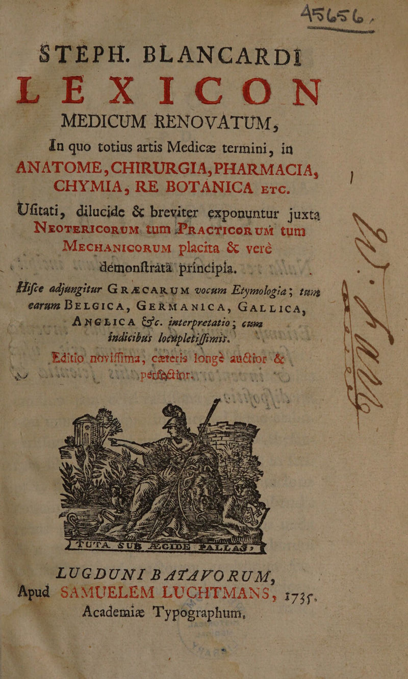 | ^— 45656, STEPH. BLANCARDI —. MEDICUM RENOVATUM, In quo totius artis Medic termini, in ANATOME,CHIRURGIA,PHARMACIA, CHYMIA, RE BOTANICA zrc. Ufitati, dilucide &amp; breviter exponuntur juxta NxorEniconoM. tum PRACTICOR UM tum ., ,MrcnawiconuM placita &amp; veré 2t 05s s Hémonftrátà: principia. | » Ww |. LUGDUNIBATAVORUM, ^. Apud SAMUELEM LUCHTMANS, 175. — — Academie Typographum, *»