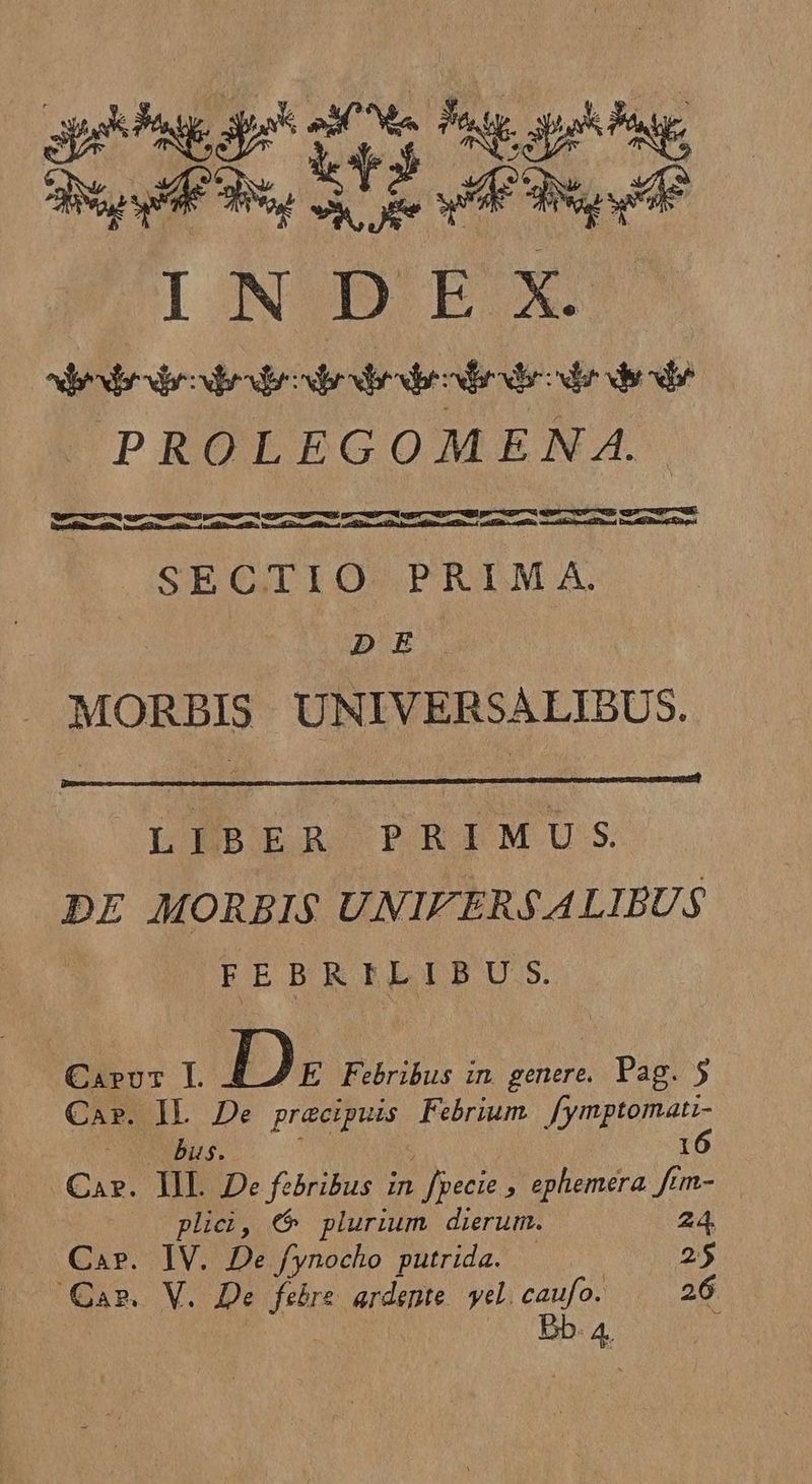 gite $25 Sp dud sy e deu di de INDEX ————— À PROLEGOMENA. SECTIO PRIMA. DE MORBIS UNIVERSALIBUS. LEBER PRIMUS DE MORBIS UNIFERSALIBUS FEBRILIBU.S. CarpvT L ID E Febribus in genere. Pag. 5 Car. IL De praecipuis Febrium. fymptomati- 16 ij bus. Car. IL De febribus in . J'vecie ; ephemera. frm- plici, € plurium dierum. 24. Car. IV. De fynocho putrida. — 25 Qa. V. De febre ardente yel. m 26