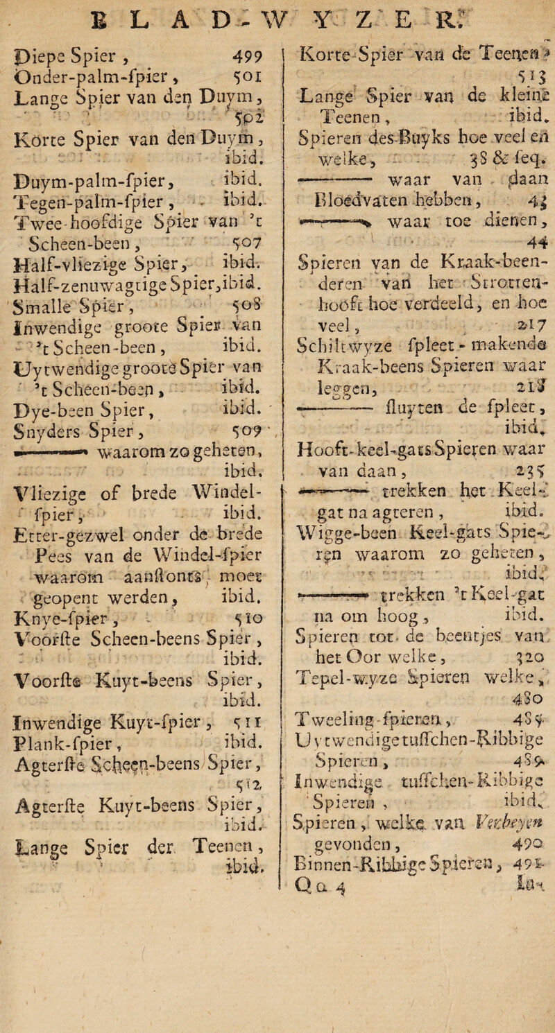 Diepe Spier , 499 Oncier-palm-fpier, 5oi Lange Spier van den Dnym, 5Pi Korte Spier van den Duym, ibid. Duym-palm-fpier, ibid. Tegen-palm-fpier, ^ ibid. Twee hoofdige Spier van ' Scheen-been , ' ' ^ 507 Half-vliezige Spier, ^ ibid. Half-zenuwagtigc Spier,ibid. Smalle Spier, ^ 508 Inwendige groote Spier van '’t Scheen-been, ibid. UytwendigegrooteSpier van ’c Scheen-been, ibid. Dye-been Spier, ibid. Snyders Spier, S09 -—waarom zo geheten, ibid. Vliezige of brede Windel- fpier, ibid. Etcer-gezwel onder de brede Pees van de Windei-fpier waarom aanllonts ,- moet geopent werden, ibid. Knye-fpkr, * ' 510 V^oorfte Schecn-beens Spier , ibid. Voorft^ Kuyt-beens Spier, ibid. Inwendige Kuyt-fpier, «jii Flank-fpier, ibid. Agterfl-e Scfe^fn-beens Spier, Si2, Agterfte Kuyt-beens Spier, ibid.’ Lange Spier der. Teenen, ibid. Korte-Spier van de Teenen^ Lange’ Spier van de kleine Teenen, ibid. Spieren des-Biiyks hoe veel en welke, -- - 3S&feq. ■--—- waar van |iaan Bloedvaten hebben, 4| waar toe dienen, ■ • 44 Spieren yan de Kraak-been¬ deren vari het ' Strotren- hoöft hoe verdeeld, en hoe veel, :i'i7 Schiltwyze fpleet - makende Kraak-beens Spieren waar leggen, 21^ -——-— Ilayten de fpleet, ibid., Hooft-keeUgats Spieren waar vandaan, 23 > —^ trekken bec.Keei- gat na agteren , ibid. Wigge-bsen Keel-gats Spie-t. r^n waarom zo geheten, --r ' ibidp T-r— trekken ^rpKeel-gac na om hoog , ibid. Spieren tot^ de beentjes van. het Oor welke, ^20 Tepel-w:yzö Spieren welke,. 4S0 T weeling -fpieren, 4S U y t wendige tuffehen -Kibbi ge Spieren, 4S9*' inwendige, tuffehen-Ribbige ' Spieren , ibid.. Spieren welke van V^theynn gevonden, 49o, Binnen-K.ibbi-geSpieren, 49S-