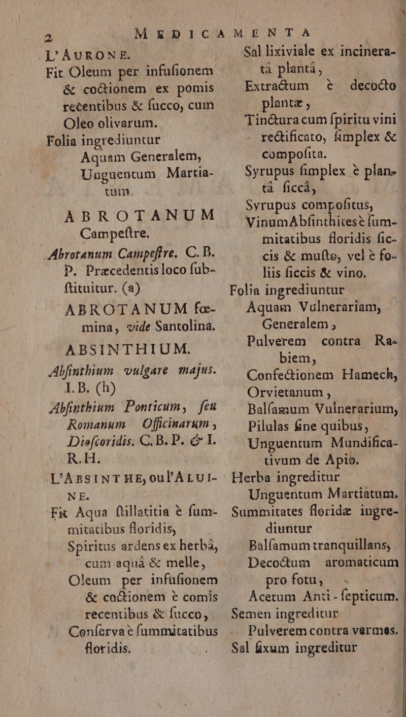 DAUVRONRE. &amp; cocionem ex pomis recentibus &amp; fucco, cum Oleo olivarum. Folia ingrediuntur Aquam Generalem, Unguentum Martia- tum. ABROTANUM | Campeftre, Abrotanum Campefire. C. D. P. Pracedentisloco fub- fütuitur. (3) ABROTANUM fa- mina, vide Santolina. ABSINTHIUM. Abfinthium vulgare majus. I. B. (h) Abfintbium Ponticum, | feu Romanum — Officinarum , Diefcoridis. C. B. P. c I. R.H. : L'AssiNT HE oul'ALur- NE. | F&amp; Aqua füllatitia € fum- mitatibus floridis, Spiritus ardens ex herbá, cum aquá &amp; melle, Oleum per infufionem &amp; co&amp;ionem &amp; comis recentibus &amp; fucco, Ceníerva? fummitatibus flot idis. Sal lixiviale ex incinera- | tà plantá, Extradum e planta , Tin&amp;ura cum fpiritu vini rectificato, fimplex &amp; compofita. | Syrupus fimplex € plans | tà ficcá, E Syrupus compofitus, VinumAbfinthices? fum- mitatibus floridis fic- cis &amp; mufto, vel &amp; fo- liis ficcis &amp; vino. Folia ingrediuntur Aquam Vulnerariam, Generalem ; Pulverem | contra Ra- biem, Confectionem Hamech, | Orvietanum ; Balfassum Vulnerarium, Pilulas fine quibus; Unguentum Mundifica- | tivum de Apio. Herba ingreditur Unguentum Martiatum., | Summitates fleride&amp; ingre- | decocto diuntur Balíamum tranquillans, Decoctum aromaticum | profotu, . Acetum Anti - fepticum. | Semen ingreditur / . Pulverem contra vermes. Sal &amp;xum ingreditur