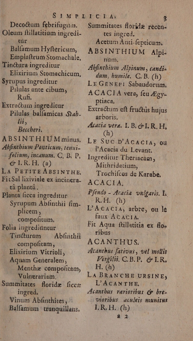 Deco&amp;um febrifuguin. Oleum ftillatitium ingredi- tür | Balfamum Hyftericum, Emplaftrum Stomachale, Tinctura ingreditur Elixirium Stomachicum, Syrupus ingreditur Pilulas ante cibum, Rufi. Extractum ingreditur Pilulas balfamicas .$?4b- li, | Beccheri, ABSINTHIUM minus, Abfintbium Ponticum, tenui- | folium, incanum. C, B. D. € 1. R. H. (a) La PETITEAÀBSINTHE, FitSal lixiviale ex incinera. tá plantá. Planta (icca ingreditur Syrupum Abfinthii fim- plicem , compofitum, Folia ingrediuntur Tin&amp;uram Abíünthii | compofitam, Elixirium Vitrioli, Aquam Generalem; Menthz compofitàm, Vulnerariam, Summitates floride ficcz ingred. . Vinum Abfinthites; Balfamum ' tranquillans, Summiütates floryl fécbn- tes ingred.. Acetum Ánii-fepticum, ABSINTHIUM Alpi- nuüm. dum, bumile. C. B. (h) | LE GENEP1 Sabaudorum, A CACIA vera, feu Zgy- ptiaca, Extractum eft fructüs hujus arboris. ' Aatia vera. 1. B. c I. R. H, (h) Lr Suc b'AcacIA, ou - PAcacia du Levant, Ingreditur Theriacam Mithridatium, Trochiícos de Karabe, À CA CIA, Pfeudo - Acacia vilgaris, T. REI (h) L'ACACiA, arbre, ou lé faux AC ACIA. Fit Aqua füllatitia ex flo. ribus ACANTHUS. Acantbus fatrous , vel mollis Pergilii, C. B. P. &amp; LR, H. (h) » LA BRANCHE URSÍNEj L'ACAN THE. Acantbus. variovibus er bre- weoribus aculeis sutnitus — LRH.(h) à 2