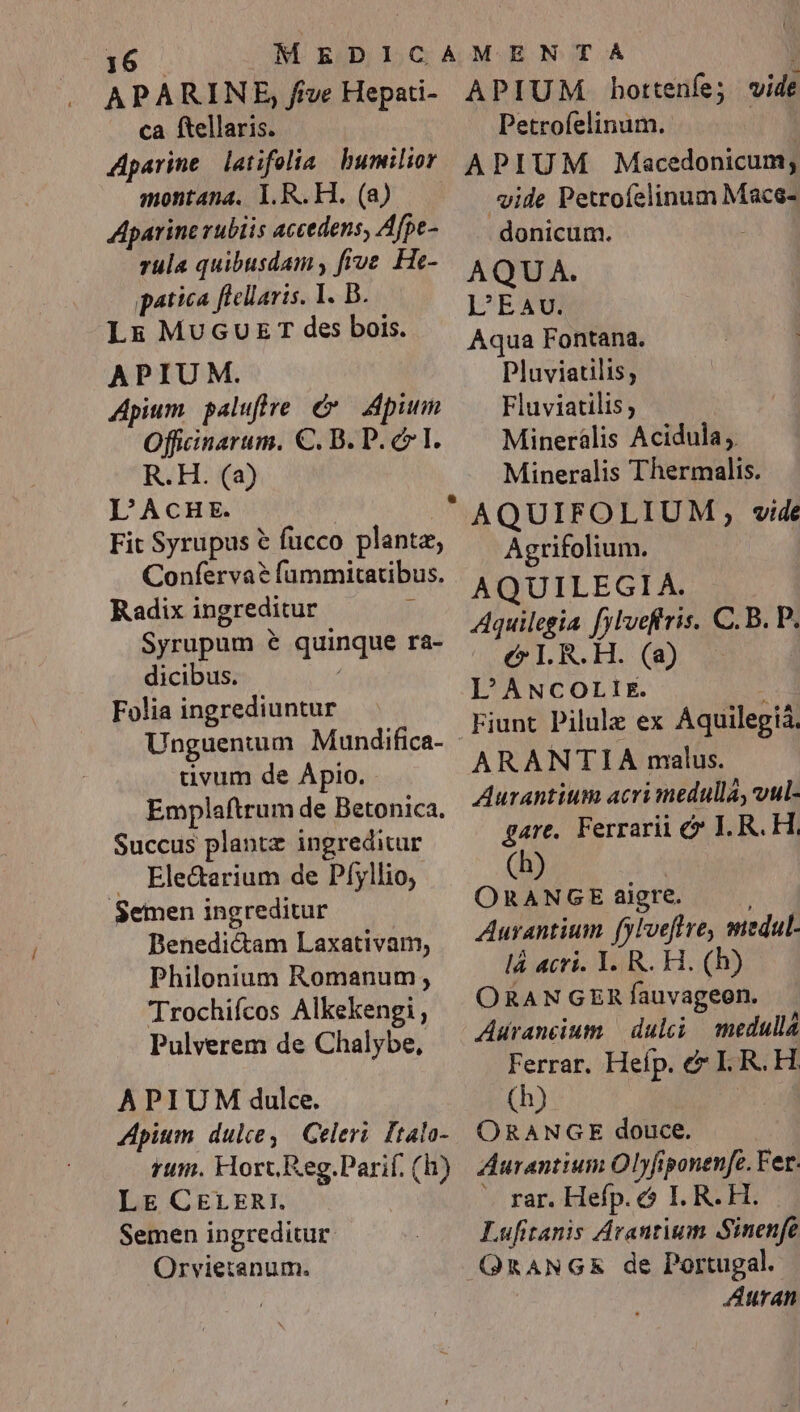 APARINE, five Hepati- ca ftellaris. Aparine latifolia humilior montana. I.R.H. (a) Aparine rubiis accedens, Afpe- rula quibusdam, frve He- gatica fiellaris. 1. B. L&amp; MuGUE T des bois. APIUM. Apium paluftre cm d pium Offiinarum. €. B. P. c I. R.H. (2) D'AcHE. | : Fit Syrüpus € fucco planta, Conferva? fümmitatibus. Radix ingreditur Syrupum &amp; quinque ra- dicibus. Folia ingrediuntur Unguentum Mundifica- tivum de Ápio. Emplaftrum de Betonica. Succus plantz ingreditur . Eledarium de Pfyllio, Semen ingreditur Benedictam Laxativam, Philonium Romanum , Trochifcos Alkekengi Pulverem de Chalybe, A PIUM dulce. Apium dulce, Celeri. Ttalo- rum. Hort Reg.Parif. (h) LE CELERI. Semen ingreditur Orvietanum. APIUM hbhortenfe; vide Petrofelinum. | APIUM Macedonicum; vide Petroíelinum Mace- donicum. : AQUA. L'EAU. Aqua Fontana. Pluviatilis; Fluviatilis ; Minerális Acidula Mineralis Thermalis. Agrifolium. AQUILEGIA. Aquilegia [ylueftris. C. B. P. c l.R.H. (a) L'ANCOLIE. 4 Fiunt Pilulz ex Aquilegià. ARANTIA malus. Aurantium acri medulla, vul- gare. Ferrarii &amp; IR. H. (b) ORANGEaARire. Aurantium fylvefltve, medul- là acri. Y. R. H. (h) ORANGER fauvageon. Aurancium | dulci medulld Ferrar. Hefp. &amp; LR.H (h) | ORANGE douce. Aurantium Olyfiponenfe. Fer. ' rar. Hefp. 6 I. R. H. Lufitanis Arautium Sinenfé Auran