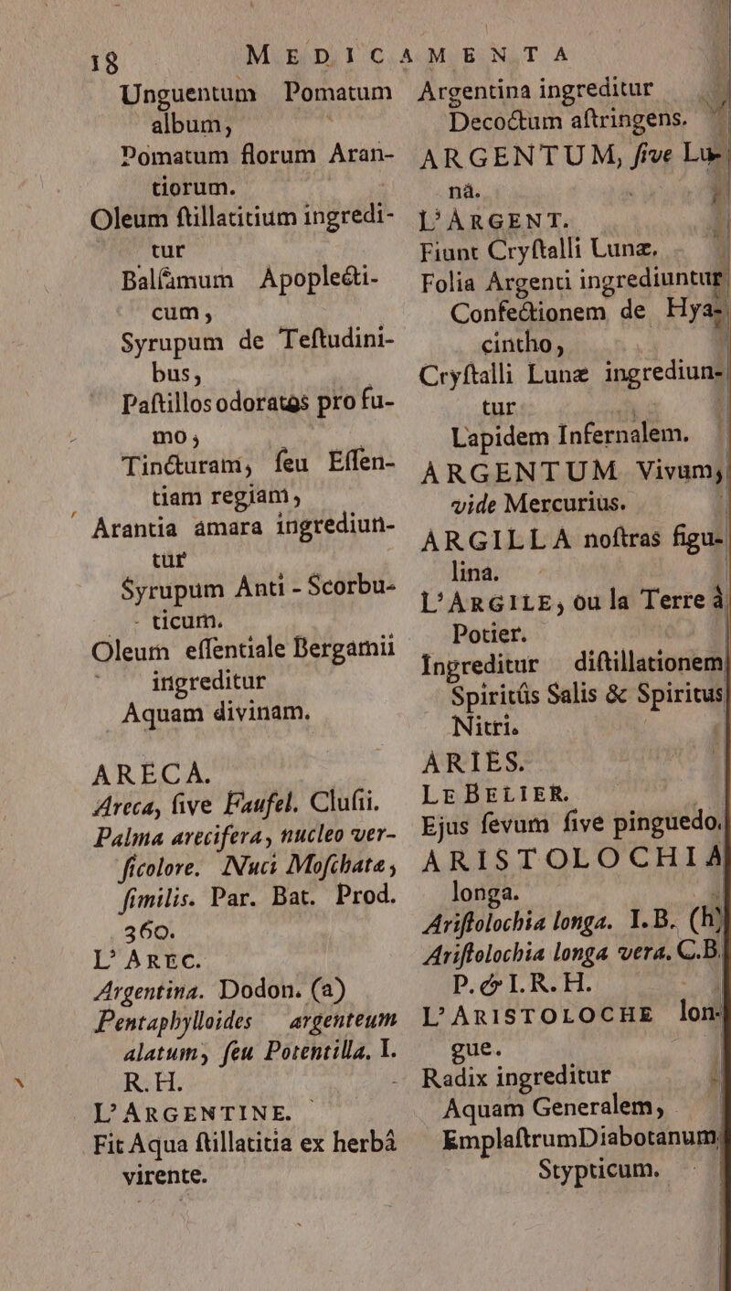 Unguentum album; Domatum florum Aran- tiorum. Oleum ftillatitium jnpeddi. tur Balfimum — Àpople&amp;ti- cum Syrupum de Teftudini- bus, HE odoratas pro fu- Pomatum orti feu Elfen- tiam regiam ' Árantia amara ingrediun- cur $yrupum Anti - Scorbu- | .- ticum. Oleurn effentiale Bergamii ingreditur Aquam divinam. ARECA. Areca, five Faufel, Clufii. Palma arciferay nucleo wer- ficolore.. INtuci Mofibata ; fimilis. Par. Bat. Prod. 360. L' ARnEcC. Argentina. Dodon. (2) Pentaphylleides — argenteum alatuiy feu Potentilla, Y. R.H. : L'ARGENTINE. Fit Aqua ftillatitia ex herbá virente. Argentina ingreditur j Decocfuim aftringens. i ARGENTU M, five Lu- ná.  | lD'AÁRGENT. b Fiunt Cryftalli Lunz. P Folia Argend ingrediuntug Confedionem de Frag cintho , | Cryftalli Lune ingrediun- tur | Lapidem Infernalem. ÀRGENTUM Vivgng vide Mercurius. ARGILLA noftras gus lina. — L'ARGILE; ou la Terreà Potier. | Ingreditur diftillationem Spiritüs Salis &amp; mu Nitri. | ARIES. Lr BELIER. | Ejus fevum five pinguedo. ARAS TQLE SMS longa. Ariflolochia longa. 1. B. (i Mua longa vera. CB. p.c I. R. H. | L'ARISTOLOCHE lon. gue. | Radix ingreditur i Aquam Generalem, | kmplaftrumDiabotanum Stypticum.