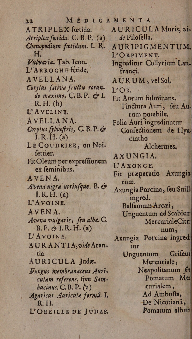 AM ATRIPLEX fotida. Atriplex fetida. C. B. P, (a) Chenopodium fatidum. 1. R. H MU Vulvaria. Tab. Icon. | L'ARROCHE fétide,- AVELLAN A. Corylus fativa frucku votun- do maximo. C. B. P. c» I. R.H. (h) L'AVELINE. AVELLAN A. Corylus fylveftris, C. B. P. c I. R. H. (a) L&amp; COUDRIER, ou Noi- fextier. Fit Oleum per expreffionem ex feminibus. AVEN A. Avena wigra utriufque, B. e I. R. H. (2) L'AvoINE. AVEN A. Avena vulgaris, feu alla, C. B. P. e I. R. H. (a) L'AvOINE. | | AURANTIA,;vide Àran- tía. AURICULA Juda. Fungus inembranaceus Auri- culam veferens, (ve .Sam- bucinus, C. B. P. (a) Agaricus Auricule form. I. R.H AURICUL A Muris vi- de Pilofella. AURIPIGMENTUM, franci, AURUM, vel Sol. L'OR. T Fit Aurum fulminans, — — Tincura Àuri, feu Au- rum potabile, | Folia Auriingrediuntur Confedionem de Hyg cincho À lchielieh, AXUNGIA, ] L'AXONGE. j| Fit praeparatio Axungis rum, Axungia Porcina, feu Suill ingred. | | Balfamum-Arczi, Unguentum ad Scabiedi MercurialeCitri num, -. A uoia Porcina ingred tur Unguentum Grifeut — Mercurial, —— Neapolitanum fit Pomatum Me&amp; curialem , | Ad Ambufta, - -De Nicotianà; | Pomatum albur