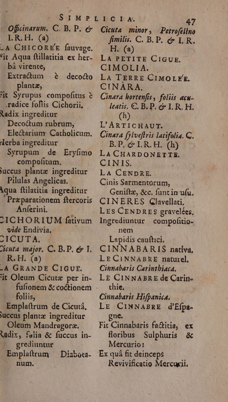 Offcinarum. C. B. P. ec I.R.H. (a) .A CHICOREFE fauvage. it Aqua ftillatitia ex her- bá virente, Extractum plantz, it Syrupus compofitus &amp; .radice follis Cichorii, - Radix ingreditur Decoc&amp;tum rubrum, Electarium Catholicum. erba ingreditur Syrupum de Eryfimo compofitum, juccus plante ingreditur Pilulas Angelicas. | Aqua ftilatitia ingreditur j Przparationem ftercoris Anferini. | £ICHORIUM fativum vide Endivia, ! .ICUTA. | Jicuta major. C. B. P. e» f, R.H., (a) .A GRANDE CIGUE. jt Oleum Cicutz per in- &amp; decocto foliis, | Emplaftrüm de Cicutá, 'uccus plantae ingreditur Oleum Mandragorz. Vadix, falia &amp; fuccus in- / grediuntur Emplaftrum — Diaboca- num. 47 Cicuta minor, | Petroféllno fimilis. C. B. P. &amp; L R. H. (a) L4 PETITE CiGUE.- CIMOLIA. . LA TERRE CIMOLFE. CINARA, Cinara bortenfis, foliis acu- leatis. €. B. P. c I. R. H. h L'ARTICHAUT. Cinsra fjlveflris latifolia. C. B.P. c&amp; LR.H. (h) LA CHARDONETTE. CINIS. L4 CENDRE. Cinis Sarmentorum, Geniftz, &amp;c. funt in ufu, CINERES CGlavellati. Lrs CENDRES gravelées, Ingrediuntur compofitio- .nem Lapidis cauftici. CINNABARIS nativa, Lt CINNABRE naturel, Cinnabaris Carinthiaca. LE CINNABRE de Carin- chie, j Cinnabaris Hifpanica, LE CINNABRE d'Efpa- gne, ( : Fit Cinnabaris factitia, ex floribus Sulphuris &amp; Mercurio: Ex quá fit deinceps Revivificatio Mercuii.