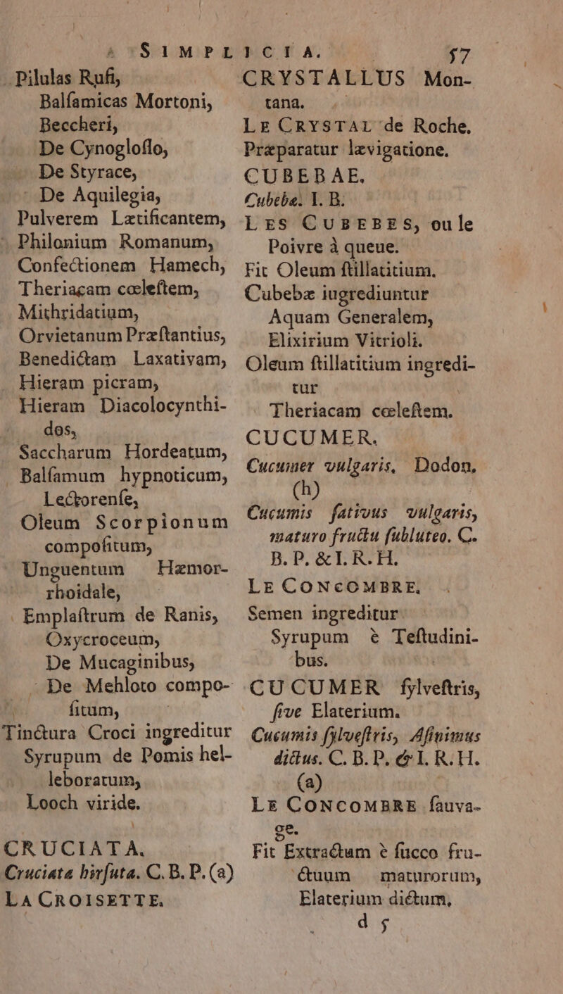 .Pilulas Rufi Balfamicas Mortoni, Beccheri, De Cynogloflo, De Styrace, - De Aquilegia, Pulverem Lztificantem, - Philenium Romanum, Confectionem Hamech, Theriacam ccleftem, Mithridatium, Orvietanum Przítantius, Benedidam Laxativam, . Hieram picram, Hieram Diacolocynthi- dos, Saccharum Hordeatum, . Balíamum hypnoticum, Lectorenfe, Oleum Scorpionum compofitum, Unguentum rboidale, . Emplaftrum de Ranis; Oxycroceum; De Mucaginibus, Hazmor- fitum, Tin&amp;ura Croci ingreditur Syrupum de Pomis hel- leboratum, Looch viride. CRUCIATA. Cruciata birfuta. C. B. P. (a) LA CROISETTE. CRYSTALLUS Mon- tana. Lr CRYSTAL de Roche. Praparatur lzvigatione. CUBEB AE. Cubebe. 1. B. LES CUBEBES, oule Poivre à queue. Fit Oleum ftillatitium. Cubebz iugrediuntur Aquam Generalem, Elixirium Vitrioli. Oleum ftillatitium ingredi- tur Theriacam ceeleftem. CUCUMER. Cucuiuer vulgaris, Dodon, (hb) Cucumis fatious vulgaris, maturo frudu fubluteo. C. B. P. &amp;L R.H. LE CONcCcOMBRE, Semen ingreditur Syrupum &amp; Teftudini- bus. | CUCUMER fylveftris, five Elaterium. Cucumis fylueflris, Afinimus dicus. C. B. P, &amp; I. R.H. (a) LE CONCOMBRE faàuva- ge. Fit Bxiiadum € fucco fru- €&amp;uum maturorum, Elaterium dictum, d 5