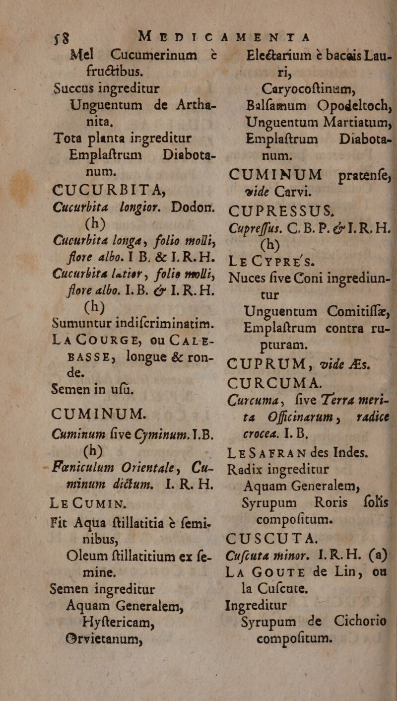 $8 Mel Cucumerinum € — fructibus. Succus ingreditur Unguentum de Artha- nita, Tota planta ingreditur Emplaftrum —— Diabota- num. CUCURBITA, Cucurbita longior. Dodon. (h) Cucurbita longa, folio tolli flore albo. Y B. &amp; I. R.H. Cucurbita latter , folio molli, flore albo. I. B. c» I. R.H. (h) Sumuntur indiícriminatim. LA COURGE, ou CALE- BASSE, longue &amp; ron- de. Semen in ufu. CUMINUM. Cuminum ve Cyminum.1.B. - Feniculum Orientale, Cu- minum didum. i. R. H. LE CUMIN. nibus, - Oleum ftillatitium ex fe- mine. Semen ingreditur Aquam Generalem, Hyftericam, Eleétarium £ baceis Lau- ri, | Cac yocUbilaiu... Balfamum Opodeltoch, Unguentum Martiatum; Emplaítrum ^ Diabota- num. CUMINUM pratenfe, wide Carvi. CUPRESSUS, | Cupreffus. C. B. P. &amp; T. R. H.. (h) d Lr CYPRES. Nuces five Coni ingrediun-. tur Unguentum Comitiffz, Emplaftrum contra ru- puram. CUPRUM, vide JEs. CURCUMA. Curcuma, ve Terra meri- ta Ofjcmnarum s, — radice. crocea. YI. D, LESAFRAN des Indes. Radix ingreditur Aquam Generalem, Syrupum — Roris CUSCUTA. Cufcuta minor. I. R.H. (a) Là Gourr de Lin, ou la Cufcute. Ingreditur Syrupum de Cichorio | folis )