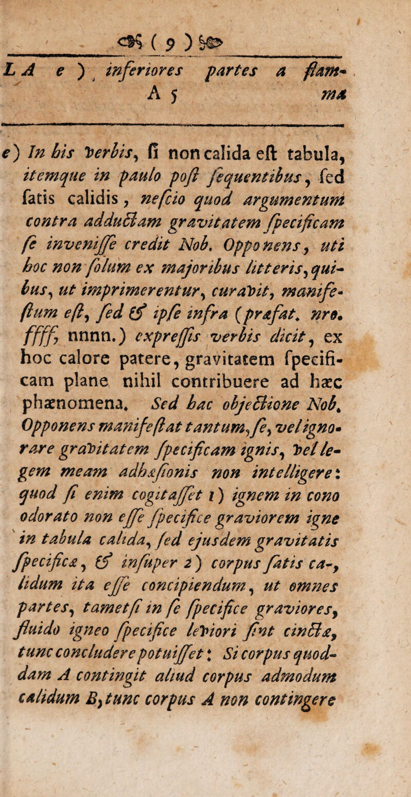 05 ( p ) L A e ) inferiores partes a fiam* A 5 mx e) In bis Verbisy fi non calida eft tabula, it em que in paulo pofl jequentibus, fed fatis calidis, ?iefcio quod argumentum contra adduciam gravitatem fpecificam fe invenijfe credit Nob, Opponens y uti hoc non folum ex majoribus litteris, qui* bus, ut imprimerentur, cur alo it, memife- (lum eft, fed (ff ipfe infra (prafat. nre• //^0 nnnn.) cxpreffis verbis dicit, ex hoc calore patere, gravitatem fpecifi- cam plane nihil contribuere ad haec phaenomena* hac objeElione Nob. Opponens manifeftat tantum^fey ve ligno» rare gravitatem fpecificam ignis, Vel le¬ gem meam adhsfionis non intelligere: cogitaffet i) ignem in cono odorato non cffe fpecifice graviorem igne in tabula calida, ejusdem gravitatis fpecifica, infuper 2 ) corpus fatis ca-y hdum ita ejje concipiendum, ut omnes partes, tam et fi in fe fpecifice graviores, fluido igneo fpecifice leviori fint cin51 a, tunc concluderepotuijfet \ Si corpus quod¬ dam A contingit aliud corpus admodum calidum B} tunc corpus A non contingere