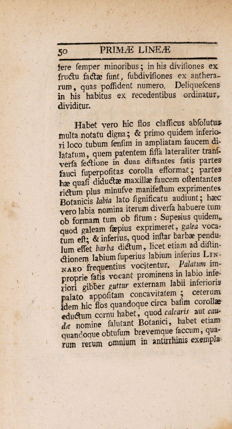 / I i l 50 PRIMrE LINEAE Iere femper minoribus; in his divifiones ex frudu fadae funt, fubdivifiones ex anthera- rum, quas poffident numero. Deliquefcens in his habitus ex recedentibus ordinatur», c dividitur. Habet vero hic flos clafficus abfolute multa notatu digna; & primo quidem inferio- i i loco tubum fenfim in ampliatam faucem di¬ latatum, quem patentem filia lateraliter tranf* verfa fedione in duas ditantes fatis partes fauci fuperpofitas corolla efFormai; partes hae quafi didudae maxillae faucem oftentantes ridum plus minufve manifeflum exprimentes Botanicis Inhia lato fignificatu audiunt; haec vero labia nomina iterum diverfa habuere tum ob formam tum ob fitum: Superius quidem* ouod galeam faepius exprimeret, galea voca¬ tum eft; & inferius, quod inftar barbae pendu¬ lum efiet barba didum, licet etiam ad diltin- dionem labium fuperius labium inferius Lin- kaeo frequentius vocitentur. Palatum. im¬ proprie fatis vocant prominens m labio mte- fiori gibber guttur externam labii inferioris palato appofitam concavitatem; ceterum idem hic flos quandoque circa bafim corollas edudum cornu habet, quod calcaris aut cau¬ da nomine ftlutant Botanici, habet etiam ouandodue obtufum brevemque faecum, qua¬ rum rerum omnium in antfirhinis exempla /