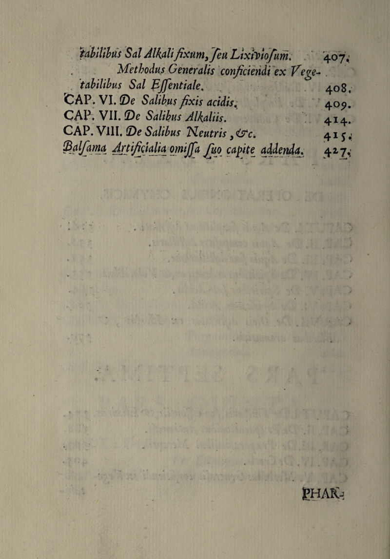 tabillbus Sal Alk.aUfixum fi/eu LixiViofum. Methodus Generalis conficiendi ex Vege¬ tabilibus Sal Bjjentiale. CAP. VI. iDe Salibus fixis acidis. CAP. VII. (De Salibus Alkaliis. CAP. Vili. 0? Salibus Neutris, &c. !Balfama Artificialia oinijfa fiuo capite addenda 408. 4°5>. 414* 41?*: $ll<