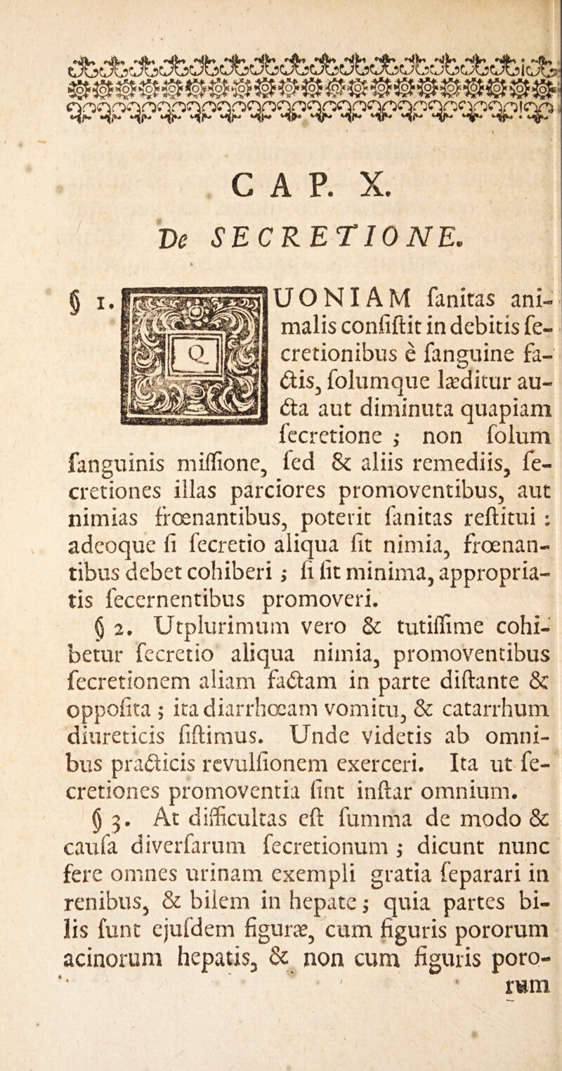 / ' qpqp^pqpqpqpqpqp^p^pqp^^-^!^ , * ^ GAP. X. Ve SECRETIONE. U O NIA M fanitas ani¬ malis confiftit in debitis fe- cretionibus e fanguine fa- &is, folumque luditur au- 6ta aut diminuta quapiam fecretione ,* non folum fanguinis miffione, fed & aliis remediis, fe- cretiones illas parciores promoventibus, aut nimias frosnantibus, poterit fanitas reftitui ; adeoque fi fecretio aliqua fit nimia, froenan- tibtis debet cohiberi; fi fit minima, appropria- tis fecernentibus promoveri. § 2. Utplurimum vero & tutiffime cohi¬ betur fecretio aliqua nimia, promoventibus fecretionem aliam fa&am in parte diftante & oppofita ; ita diarrhoeam vomitu, & catarrhum diureticis fiftimus. Unde videtis ab omni¬ bus pra&icis revulfionem exerceri. Ita ut fe- cretiones promoventia fint inftar omnium. (j 3. At difficultas eft fumma de modo & caufa diverfarum fecretionum ,• dicunt nunc fere omnes urinam exempli gratia feparari in renibus, & bilem in hepate -} quia partes bi¬ lis funt ejufdem figurae, cum figuris pororum acinorum hepatis, & non cum figuris poro- r»m