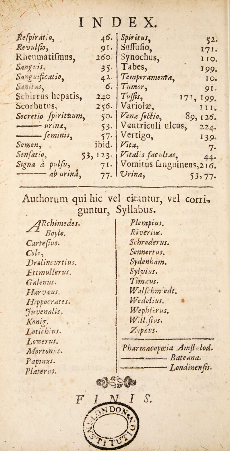 -V ■' ^efpi: tratio, INDEX 46. Revulfio*) 91. Rheumatifmus, 250 Sanguis, 35' Sangutf catio, 42. Sanitas, 5. Schirrus hepatis, 240 Scorbutus, 256. Secretio fptrittium, 50. — unna^ 53- ——— feminis, 57- Semen, ibid. Senfatio, 53^ 123. i pulfuj 71- ab urina, 77- Spiritus, SufFufio, Synochus, Tabes, Temperamenta, Tumor , Tvffis, 171, 199. Variolae, 11 ir Vw<z fettio^ 89, 12 6* Ventriculi ulcus, 224. Vertigo, 139. Kta, 7. Vitalis facultas, 44, Vomitus fanguineus,2i<j. Vrinay 53,77- 52. 171. 110, i 99. 10. 91. Authorum qui hic vel citantur, vel corri-. guntur, Syllabus. Cole ^ Drdincurtius, Pttmullerus. Galenus. Harv&us. Hippocrates* 'juvenalis* Konvr. O Loti chlus. Lowerus. Mor tonus* P apinas* Piat erus. Flempius. RivCmus. Schro denis, Sennertus. Sydenham. Sylvius. Timaus. IValfchm edt. We delitis. • * V/ephftrus. WilLfius. Zypdtus* iMI .m.. •’l'| Pharmacopceia Amjhdod* —-B at e ana* ..——— Londinenfis, \