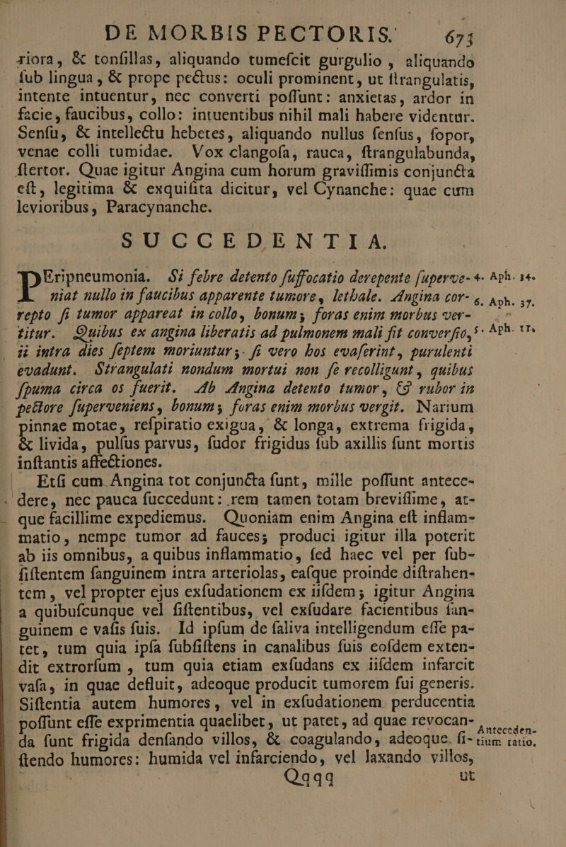 riora, & tonfillas, aliquando tumefcit gurgulio , aliquando fub lingua , & prope pectus: oculi prominent, ut flrangulatis, intente intuentur, nec converti poffunt: anxietas, ardor in facie, faucibus, collo: intuentibus nihil mali habere videntur. Senfu, & intelle&tu hebetes, aliquando nullus fenfus, fopor, venae colli tumidae. Vox clangoía, rauca, ftrangulabunda, flertor. Quae igitur Angina cum horum graviífimis conjuncta eft, legitima & exquifita dicitur, vel Cynanche: quae cum levioribus, Paracynanche. SUCCEDEN T IA. pure $i febre detento fuffocatio derepente [uperve- *- ^ph. 1. Ao niat nullo in faucibus apparente tumore, letbale. Angina cor- q, X repto fi tumor appareat in collo, bonums foras enim morbus ver- — gitur. Quibus ex angina liberatis ad pulmonem mali fit cowver ffo, 5: ^h- 1T . 4 intra dies feptem moriuntur s. fi vero bos evaferint, purulenti evadunt. Sirangulati nondum mortui mon fe vecolligunt , quibus fpuma «circa os fuerit. — 4b. dngina. detento. tumor , C9. rubor in pellore. fuperveniens , bonums foras enim morbus vergit. Narium pinnae motae, refpiratio exigua, & longa, extrema frigida, & livida, pulfus parvus, fudor frigidus fub axillis fünt mortis inftantis affectiones. | n | | Etfi cum. Angina tot conjuncta funt, mille poffunt antece- . dere, nec pauca fuccedunt: rem tamen totam breviffime, at- - que facillime expediemus. Quoniam enim Angina eft inflam- matio, nempe tumor ad fauces; produci igitur illa poterit ab iis omnibus, a quibus inflammatio, fed haec vel per fub- fiftentem fanguinem intra arteriolas, ea(que proinde diftrahen- tem, vel propter ejus exfudationem ex iifdem; igitur Angina a quibufcunque vel fiftentibus, vel exfudare facientibus ían- . guinem c vafis fuis. Id ipfum de faliva intelligendum cfle pa- - tet, tum quia ipía fubfiftens in canalibus fuis eoídem exten- dit extrorfum , tum quia etiam exfudans ex iiídem infarcit . vafa, in quae defluit, adeoque producit tumorem fui generis. - Siftentia autem humores, vel in exíudationem. perducentia poffunt effe exprimentia quaelibet, ut patet, ad quae revocan- ,.., . da funt frigida denfando villos, &. coagulando, adeoque. fi- tium ratio. -ftendo humores: humida vel infarciendo, vel laxando villos, Qqqq ut ph. 37.