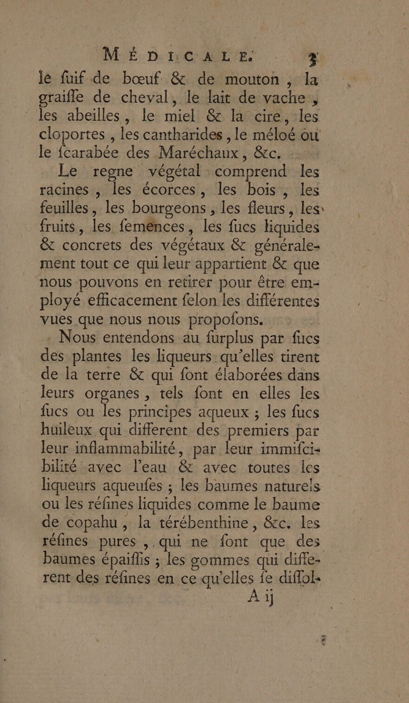 ME DIN@MINES | lé fuif de bœuf &amp; de mouton , la graifle de cheval, le lait de vache , les abeilles, le miel &amp; la cire, les cloportes , les cantharides , le méloé ou le fcarabée des Maréchaux, &amp;c. Le regne végétal comprend les racines , les écorces, les bois, les feuilles, les bourgeons , les fleurs, les: fruits, les feménces, les fucs liquides &amp; concrets des végétaux &amp; générale- ment tout ce qui leur appartient &amp; que nous pouvons en retirer pour être em- ployé efficacement felon les différentes vues. que nous nous propolons, : Nous entendons au furplus par fucs des plantes les liqueurs qu’elles tirent de la terre &amp; qui font élaborées dans leurs organes , tels font en elles les fucs ou les principes aqueux ; les fucs huileux qui different des premiers par leur inflammabilité, par leur immifci- bilité avec l’eau &amp; avec toutes les liqueurs aqueufes ; les baumes naturels ou les réfines liquides comme le baume de copahu , la térébenthine, &amp;c. les réfines pures ,.qui ne font que des baumes épaiflis ; les sommes qui diffe- rent des réfines en ce qu’elles fe diflok Aï