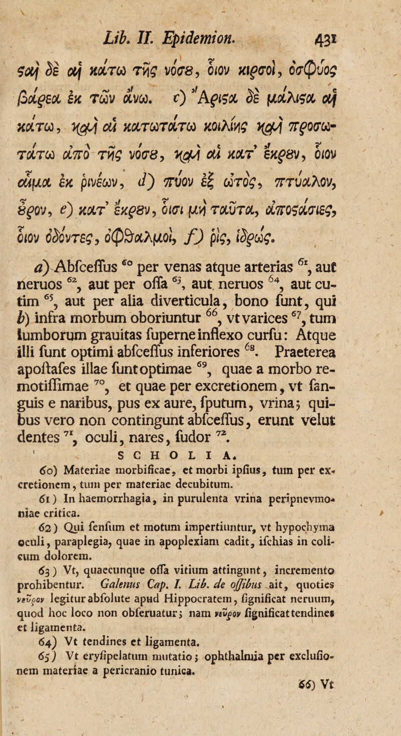 ζύή ίε ctj κάτω τν\ς νοσβ, bm κιρσοί, οσφύος βάρΒΧ bk των άνω. ν) >!Αρι$α 3β μάλιςα οή κάτω, ΐφή cu κατωτάτω κοιλίας πρόσω- τάτω οίπο τής νοσβ, ν$Λ οά κατ εκρβν, om νάμα βκ ρινβων, d) πύον έ| ωτος, πτύαλον, βρον, e) κατ ίκρβν, bm μν) ταΰτχ, χποςάσίΒζ, bm άγοντες, οφθαλμοί, f) ρϊς, $ρως* a)Abfceffus60 per venas atque arterias 6\ aut neruos 62, aut per offa63, aut. neruos 64, aut cu- tim % aut per alia diverticula, bono funt, qui b) infra morbum oboriuntur 66, vt varices67, tum lumborum grauitas fuperne inflexo curfu: Atque illi funt optimi abfceffus inferiores 6s. Praeterea apoftafes illae funt optimae 69, quae a morbo re¬ moti ffimae 70, et quae per excretionem, vt fan- guis e naribus, pus ex aure, fputum, vrinas qui¬ bus vero non contingunt abfceffus, erunt velut dentes7I, oculi, nares, fudor 72. s c h o l 1 A* do) Materiae morbidcac, et morbi ipfius, tum per ex¬ cretionem, tum per materiae decubitum» 61) In haemorrhagia, in purulenta vrina peripnevmo- niae critica. 62) Qui fenfum et motum impertiuntur, vt hypochyma ©culi, paraplegia, quae in apoplexiam cadit, ifchias in coli¬ cum dolorem. 63 ) Vt, quaecunque offa vitium attingunt, incremento prohibentur. Galenus Cap. /. Lib. de offibus ait, quoties vevrjov legiturabfolute apud Hippocratem, fignificat neruum, quod hoc loco non obferuatur, nam vsvfov iigniiicat tendines et ligamenta. 64) Vt tendines et ligamenta. 65) Vt eryiipelatum mutatio j Ophthalmia per excludo» nem materiae a pericranio tunica. W) Vt