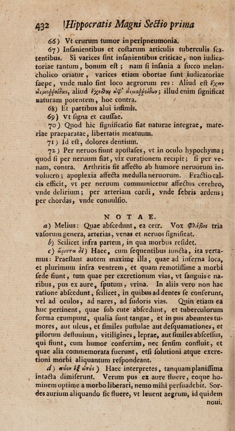 66 ) Vt crurum tumor in peripneumonia. 67) Infanientibus et coftarum articulis tuberculis fca- tcntibus. Si varices fint infanientibus criticae, non iudica- toriae tantum, bonum eft ; nam fi infania a fucco melan¬ cholico oriatur, varices etiam obortae funt iudicatoriae faepe, vnde malo fint loco aegrorum res : Aliud eft i'xetv MifAo§go$otSj aliud βΐφ* αιμο^οί^ων ; illud enim fignificat uaturam potentem, hoc contra. 6S) Et partibus alui infimis. 69) Vt figna et cauflae. 70) Quod hic fignificatio fiat naturae integrae, mate¬ riae praeparatae, libertatis meatuum. 71) Id eft, dolores dentium. 72) Per neruosfiunt apoftafes, vt in oculo hypochvma; quod fi per neruum fiat, vix curationem recipit; fi per ve¬ nam, contra. Arthritis fit affe&o ab humore neruorum in¬ volucro; apoplexia affedta medulla neruorum. Fradiio cal¬ cis efficit, vt per neruum communicetur affe&lis cerebro, vnde delirium; per arteriam cordi, vnde febris ardens; per chordas, vnde conuulfio. NOTAE. a) Melius: Quae abfcedunt, ea ceir. Vox φλεβες tria vaforum genera, arterias, venas et neruos fignificat. b) Scilicet infra partem, in qua morbus refidet. c) οΐξίντχ Je) Haec, cum fequentibus iun&a, ita verta¬ mus : Praeftant autem maxime ilia, quae ad inferna loca, et plurimum infra ventrem, et quam remotiflime a morbi fede fiunt, tum quae per excretionum vias, vt (anguise na¬ ribus, pus ex aure, fputum, vrina. In aliis vero non hac ratione abfcedunt, fcilicet, in quibus ad dentes fe conferunt, vel ad oculos, ad nares, ad fudoris vias. Quin etiam ea huc pertinent, quae fub cute abfcedunt, et tuberculorum forma erumpunt, qualia funt tangae, et in pus abeuntes tu¬ mores, aut ulcus, et fimiles puftulae autdefquamationes, et pilorum defluuium, vitiligines, leprae, aut fimiles abfceffus, qui fiunt, cum humor confertim, nec fenfiin confluit, et quae alia commemorata fuerunt, etfi folutioni atque excre- tioni morbi aliquantum refpondeant. d) πύον ίξ wtos ) Haec interpretes, tanquam planiflima , inta&a dimiferunt. Verum pus ex aure fluere, eoque ho¬ minem optime a morbo liberari, nemo mihi perfuadebit. Sor¬ des aurium aliquando fic fluere, vt leuent aegrum, id quidem noui. 1