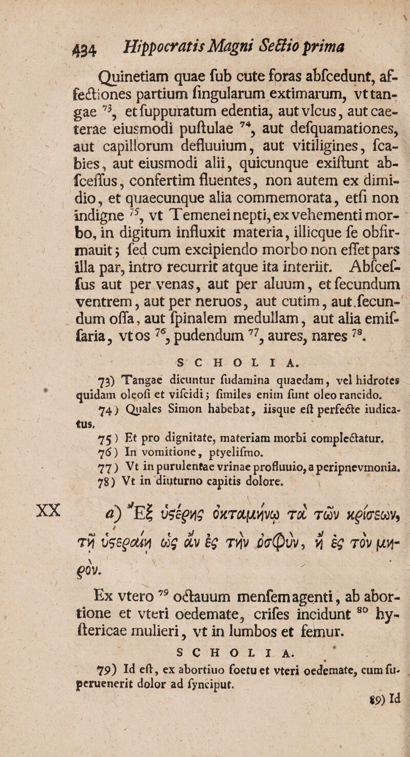 Quinetiam quae fub cute foras abfcedunt, af- fediones partium fingularum extimarum, vttan- gae 73, etfuppuratum edentia, aut vicus, autcae- terae eiusmodi puftulae 74, aut defquamationes, aut capillorum defluuium, aut vitiligines, fca- bies, aut eiusmodi alii, quicunque exiftunt ab- iceffus, confertim fluentes, non autem ex dimi¬ dio, et quaecunque alia commemorata, etfi non indigne 75, vt Temenei nepti, ex vehementi mor¬ bo, in digitum influxit materia, illicque fe obfir- mauit \ fed cum excipiendo morbo non effet pars illa par, intro recurrit atque ita interiit. Abfcef- fus aut per venas, aut per aluum, et fecundum ventrem, aut per neruos, aut cutim, aut.fecun¬ dum offa, aut fpinalem medullam, aut alia emif- faria, vtos 7<s, pudendum7?, aures, nares78. S C H O L I A. 73) Tangae dicuntur fudainina quaedam, vel hidrotes quidam oleoii et vifcidi; ilmiles enim funt oleo rancido. 74) Quales Simon habebat, iisque eft perfe&e iudica- tus. 75 ) Et pro dignitate, materiam morbi complc&atur. 76) In vomitione, piyelifmo. 77 ) Vt in purulentae vrinae profiuuio, a peripnevmonia. 78) Vt in diuturno capitis dolore. ,·. ‘ “ ■ ·ινν .· ■ “ ’ A r v XX a) E| όχτχμννω τα των κλίσεων, » «^ί / e a/ s \ \ ·* ' τνι ν;εξ>Μΐή ως αν ες tvjv οσψυν, η ες τον μντ ν' i \ ^ - V fOV. ' / . '  ^ - ' ' ■ ν; ' Ex vtero79 o&auum menfemagenti, ab abor¬ tione et vteri oedemate, crifes incidunt 80 hy¬ deri cae mulieri, vt in lumbos et femur. s c h o l 1 a. ♦ s 79) Id eft, ex abortiuo foetuet vteri oedemate, cum fu- peruenerit dolor ad fynciput. «9) Id