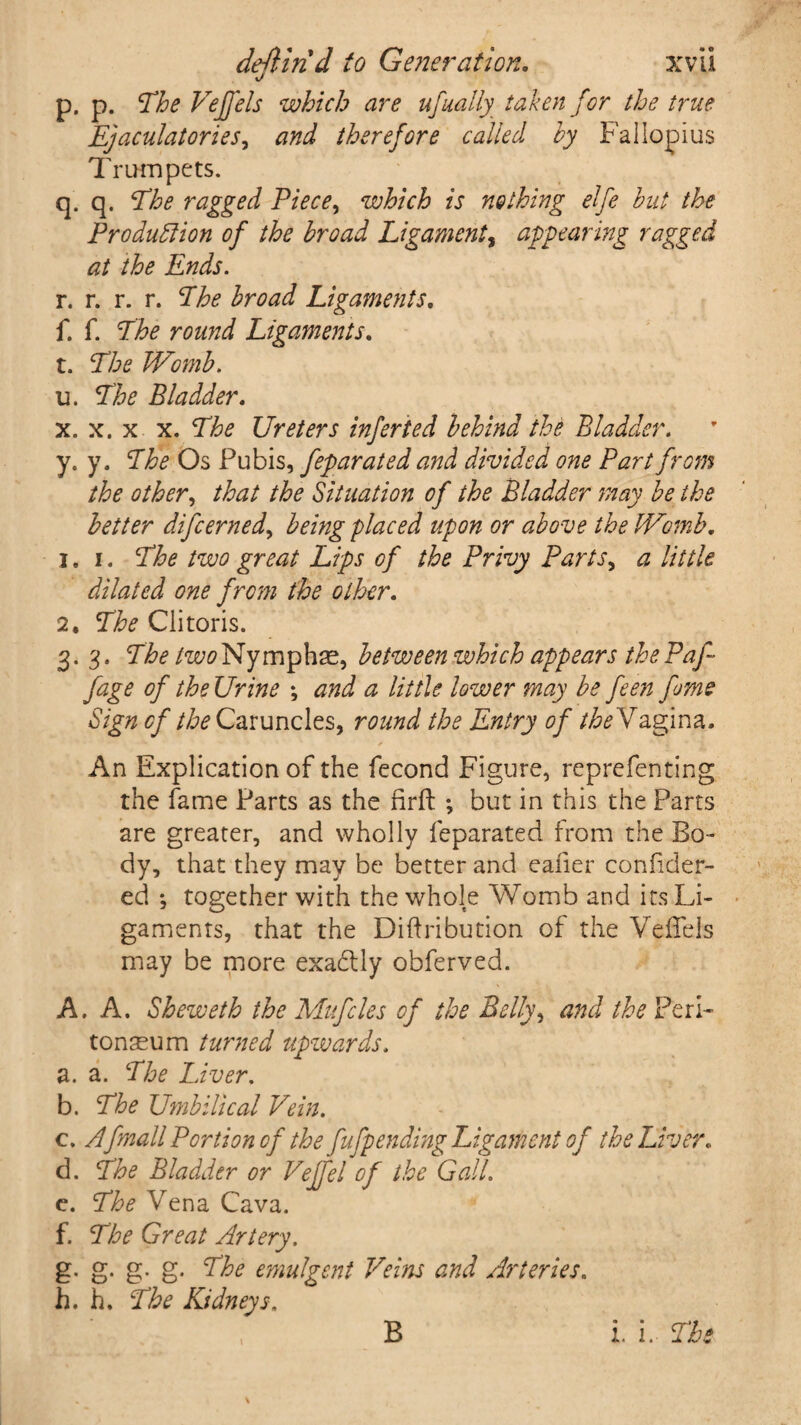 p. p. The Veffels which are ufually taken for the true Ejaculatories, and therefore called by Fallopius Trumpets. q. q. The ragged Piece, which is nothing elfe but the Production of the broad Ligament, appearing ragged at the Ends. r. r. r. r. The broad Ligaments. f. f. The round Ligaments. t. The Womb. u. The Bladder. x. x. x x. The Ureters infer ted behind the Bladder. y. y. 2^ Os Pubis, feparated and divided one Part from the other, that the Situation of the Bladder may be the better difcerned, placed upon or above the Womb. 1. i. Tifo two great Lips of the Privy Parts, 0 /////<? dilated one from the other. 2. The Clitoris. 3. 3. The /tewNymphae, between which appears thePaf~ fage of the Urine \ and a little lower may be feen fome Sign of the Caruncles, round the Entry of theVagina. *» ' * H * 4 An Explication of the fecond Figure, reprefenting the fame Parts as the firft ; but in this the Parts are greater, and wholly feparated from the Bo¬ dy, that they may be better and ealier consider¬ ed *, together with the whole Womb and its Li¬ gaments, that the Diftribution of the Veffels may be more exactly obferved. A. A. Sheweth the Mufcles of the Belly, and the Peri¬ tonaeum turned upwards. a. a. The Liver. b. The Umbilical Vein. c. A/mall Portion of the fufpending Ligament of the Liver. d. The Bladder or Veffel of the Gall. c. The Vena Cava. f. The Great Artery. g. g. g. g. The emulgent Veins and Arteries. h. h. The Kidneys.