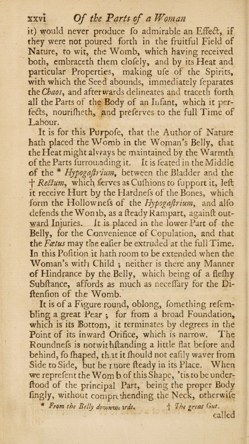 it) would never produce fo admirable an Effect, if they were not poured forth in the fruitful Field of Nature, to wit, the Womb, which having received both, embraceth them clofely, and by its Heat and particular Properties, making ufe of the Spirits, with which the Seed abounds, immediately feparates the Chaos, and afterwards delineates and traceth forth all the Parts of the Body of an Infant, which it per¬ fects, nourifheth, and preferves to the full Time of Labour. It is for this Purpofe, that the Author of Nature hath placed the Womb in the Woman’s Belly, that the Heat might always be maintained by the Warmth of the Parts furroumding it. It is feared in the Middle of the * Hypogaftrium, between the Bladder and the “f Reffum, which iferves as Cufhions to fupport it, left it receive Hurt by the Hardnefs of the Bones, which form the Hollownefs of the Hypogaftrium, and alfo defends the Womb, as a fteady Rampart, againft out¬ ward Injuries. It is placed in the lower Part of the Belly, for the Convenience of Copulation, and that the Foetus may the eafier be extruded at the full Time. In this Pofition it hath room to be extended when the Woman’s with Child ; neither is there any Manner of Hindrance by the Belly, which being of a fieftiy Subftance, affords as much as neceffary for the Di- ftenfion of the Womb. It is of a Figure round, oblong, fomething refem- bling a great Pear ; for from a broad Foundation, which is its Bottom, it terminates by degrees in the Point of its inward Orifice, which is narrow. The Roundnefs is notwithftanding a little flat before and behind, fo fhaped, th.it it fhould not eafily waver from Side to Side, but be more fteady in its Place. When we reprefentthe Womb of this Shape, ’tistobeunder- ftood of the principal Part, being the proper Body fingly, without comprehending the Neck, otherwife * From the Belly do'wn'wi \rds. *}' The great Gut. called