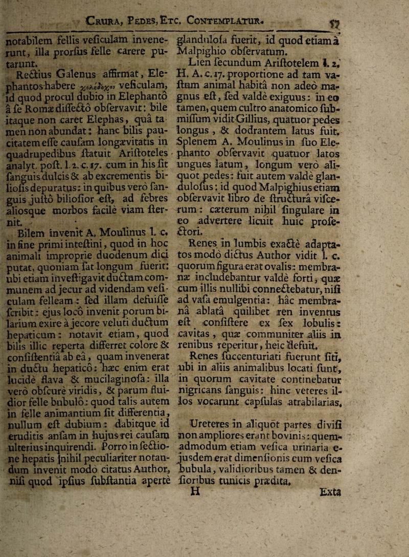 j i rrm.m- - ■ B ' ~ - -• notabilem fellis veficulam invene- glandulofa fuerit, id quodetiama runt, illa prordts felie carere pu- Malpighio obfervatum. tarunt. Eien fecundum Ariftotelem 1.2, Redtius Galenus affirmat, Ele- H. A. c, 17. proportione ad tam va- phantos habere x°^Kav veficulam, dum animal habita non adeo ma- id quod procul dubio in Elephanto gnus ed, fed valde exiguus;, in eo a fe Romae differo obfervavit: Jbile tamen, quem cultro anatomico fub- itaque non caret Elephas, qua ta miffum vidit Gillius, quatuor pedes men non abundat: hanc bilis pau- longus , & dodrantem latus fuit, citatemeflecaufam longaevitatis in Splenem A. Moulinus in fuo Ele- quadrupedibus ftatuit Arido teles - phanto obfervavit quatuor latos analyt, pod. 1.2. c 17. cum in his fit ungues latum , longum vero ali- fanguis dulcis St ab excrementis bi- quot pedes: fuit autem valde glaiv* liofisdepuratus: in quibus vero fan- dulolus: id quod Malpighius etiam guis juito biliofior ed, ad febres obfervavit libro de dru edura vifce- aliosque morbos facile viam der- tum: exterum niljil lingulare in nit. - «o -advertere licuit huic profe- Bilem invenit A» Moulinus 1. Ct £tori. in fine prkni inteftini, quod in hoc Renes in lumbis exaQe adapta- animali improprie duodenum dici tos modo diftus Author vidit 1. e. putat, qubniamfat longum fuerit: quorum figura erat ovalis:: membra- ubi etiam iiivedigavkduftumcom- nae includebantur valde forti, quae munem ad jecur ad videndam vefi- ^cum illis nullibi conne&ebatur, nifi culam felleam : fed illam defuiffe ad vafa emulgentia : hac membra- fcnbit;: ejus loco invenit porum bi- na ablata quilibet ren inventus larium exire a jecore veluti du&utn ed confidere ex fex lobulis z hepaticum: notavit etiam, quod cavitas, quae communiter -aliis in bilis illic reperta differret colore £c renibus repentur, heic defuit, confidentia ab ea, quam invenerat Renes fuccenturiati fuerunt fiti, in du<Su hepatico; haec enim erat ubi in aliis animalibus locati funt, lucide flava & mucilaginofa: illa in quorum cavitate continebatur vero obfcure viridis, Sc parum flui- nigricans fanguis: hinc veteres il- dior felie bubulo: quod talis autem los vocarunt capfulas atrabilarias* in felie animantium fit differentia , nullum ed dubium : dabitque id Ureteres in aliquot partes divifi eruditis anfam in hujus rei caufam non ampliores erant bovinis: quem- ulteriusinquirendi. Porro in fe£Ho- admodum etiam vefica urinaria e- ne hepatis fnihil peculiariter notan- jusdefn erat dimeniionis cum vefica dum invenit modo citatus Author, bubula, validioribus tamen & den- nifi quod ipfius fubftantia aperte fioribus tunicis prxdita. \ 'V;: r H Exta