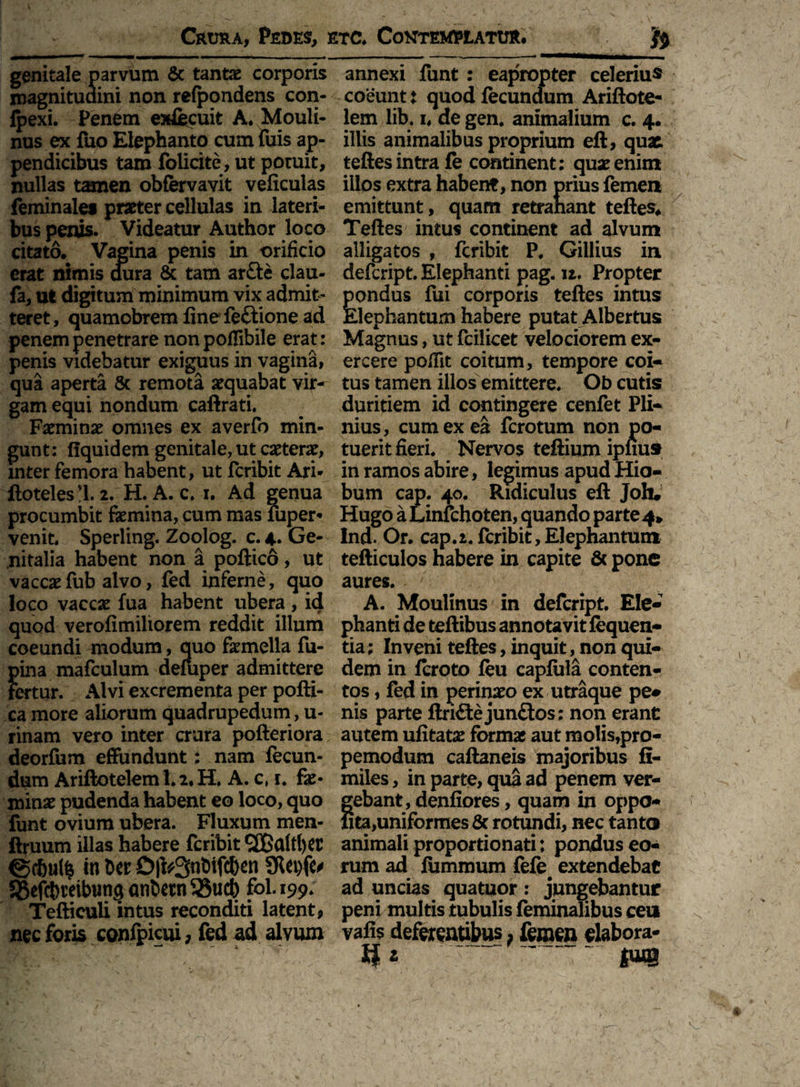 genitale parvum & tantae corporis magnitudini non relpondens con¬ nexi. Penem exfecuit A* Mouli- nus ex fuo Elephanto cum fuis ap¬ pendicibus tam folicite, ut poruit, nullas tamen obfervavit veficulas feminales praeter cellulas in lateri¬ bus penis. Videatur Author loco citato. Vagina penis in orificio erat nimis mira & tam ar£te clau- fa, ut digitum minimum vix admit¬ teret , quamobrem fine fe&ione ad penem penetrare non pofiibile erat: penis videbatur exiguus in vagina, qua aperta & remota aequabat vir¬ gam equi nondum caftrati. Feminae omnes ex averfo min¬ gunt: flquidem genitale, ut extern, mter femora habent, ut feribit Ari- ftoteles !i. 2. H. A. c. i. Ad genua procumbit faemina, cum mas fuper* venit, Sperling. Zoolog. c. 4* Ge¬ nitalia habent non a poftico, ut vaccaefub alvo, fed inferne, quo loco vaccas fua habent ubera , id quod verofimiliorem reddit illum coeundi modum, quo fasmella fu- f>ina mafculum defUper admittere ertur. Alvi excrementa per pofti- ca more aliorum quadrupedum , u- rinam vero inter crura pofteriora deorfum effundunt: nam fecun¬ dum Ariftotelem 1.2, H, A. c, i. fas- minas pudenda habent eo loco, quo funt ovium ubera. Fluxum men- ftruum illas habere feribit SEGcdtfiec ©c&ulfc in Det 0|V3«Difcben SUpfe* 58efcbreibwn0 anDetn 33ucb fol. 199. Tefticuli intus reconditi latent, nec foris conlpicui, fed ad alvum annexi funt : eapropter celerius coeunt: quod fecundum Ariftote¬ lem lib. 1, de gen. animalium c. 4. illis animalibus proprium eft, quae, teftes intra fe continent: quas enim illos extra habent, non prius femen emittunt, quam retrahant teftes* Teftes intus continent ad alvum alligatos , feribit P, Gillius in defeript. Elephanti pag. n. Propter pondus fui corporis teftes intus klephantum habere putat Albertus Magnus, ut fcilicet velociorem ex¬ ercere pofiit coitum, tempore coi¬ tus tamen illos emittere. Ob cutis duritiem id contingere cenfet Pli¬ nius, cum ex ea ferotum non po¬ tuerit fieri. Nervos teftium ipfius in ramos abire, legimus apud Hio- bum cap. 40. Ridiculus eft Joh* Hugo a Linfchoten, quando parte^ Ind. Or. cap.2. feribit,Elephantum tefticulos habere in capite 6c pone aures. A. Moulinus in defeript. Ele¬ phanti de teftibus annotavit liquen¬ tia ; Inveni teftes, inquit, non qui¬ dem in feroto feu capfiila conten¬ tos , fed in perinaeo ex utraque pe* nis parte ftri&ejun£tos: non erant autem ufitatas formae aut molis,pro- pemodum caftaneis majoribus fi- miles, in parte, qua ad penem ver¬ gebant, denfiores, quam in oppo- fita,uniformes 8c rotundi, nec tanto animali proportionati; pondus eo¬ rum ad fummum fefe# extendebat ad uncias quatuor : jungebantur peni multis tubulis feminalibus ceu vafis deferentibus ? femen elabora-