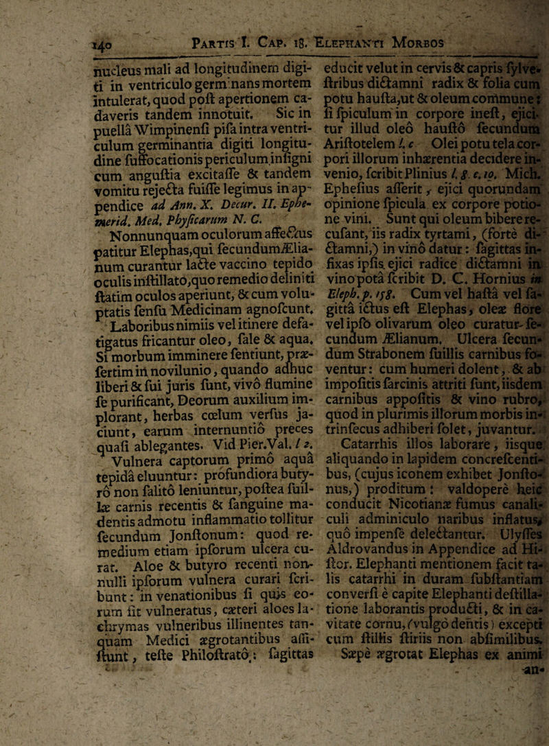 nucleus mali ad longitudinem digi¬ ti in ventriculo gemvnans mortem intulerat, quod poft apertionem ca¬ daveris tandem innotuit. Sic in puella Wimpinenfi pifa intra ventri¬ culum germinantia digiti longitu¬ dine fuffocationis periculum, inngni cum anguftia excitaffe & tandem vomitu rejeba fuiffe legimus in ap¬ pendice ad Ann. X\ Decur. II. Ephe- mcrid. Med. Phyficartim N. C. Nonnunquam oculorum affebus patitur Elephas,qui fecundumiElia- num curantur labe vaccino tepido oculis inftillato,quo remedio deliniti ftatim oculos aperiunt, 6c cum volu¬ ptatis fenfu Medicinam agnofcunt* Laboribus nimiis vel itinere defa¬ tigatus fricantur oleo, fale 6c aqua* Si morbum imminere fentiunt, prae- fertimirinoviiunio,quando adhuc liberi & fui juris funt, vivo flumine fe purificant, Deorum auxilium im¬ plorant , herbas coetum verfus ja¬ ciunt, earum internuntio preces quafi ablegantes. Vid Pier.VaL l 2. ' Vulnera captorum primo aqua tepida eluuntur: profundiora buty¬ ro non falito leniuntur, poftea fuil- ke carnis recentis & fanguine ma¬ dentis admotu inflammatio tollitur fecundum Jonftonum: quod re¬ medium etiam ipforum ulcera cu¬ rat. Aloe & butyro recenti non¬ nulli ipforum vulnera curari fcri- bunt: in venationibus fi qu>s eo¬ rum iit vulneratus, exteri aloesla- ehrymas vulneribus illinentes tan- quam Medici aegrotantibus afil- ftunt, tefle Philoftrato: fagittas educit velut in cervis & capris fylve* ftribus dibamni radix & folia cum potu haufta,ut & oleum corhmune: fi fpiculum in corpore ineft, ejici* tur illud oleo haufto fecundum Ariftotelem l. c Olei potu tela cor¬ pori illorum inhaerentia decidere in¬ venio, feribit Plinius L 8 e, 10. Mich. Ephefius afferit f ejici quorundam opinione fpieula ex corpore potio¬ ne vini. Sunt qui oleum bibere re- cufant,iis radix tyrtami, (forte di¬ bamni,) in vino datur: fagittas in¬ fixas ipfis. ejici radice dibamni in vino pota feribit D. C. Hornius in Elepb.p. ij8* Cum vel hafta vel fa- gitta ibus eft Elephas, oleae flore vel ipfb olivarum oleo curatur-fe¬ cundum jElianum, Ulcera fecun¬ dum Strabonem fuillis carnibus fo¬ ventur: cum humeri dolent,.& ab impofitis farcinis attriti funt, iisdem carnibus appofitis & vino rubro, quod in plurimis illorum morbis in* trinfecus adhiberi folet, juvantur. Catarrhis illos laborare, iisque aliquando in lapidem concrefcenti- bus, (cujus iconem exhibet Jonfto- nus,) proditum: valdopere fieic conducit Nieotianae fumus canali¬ culi adminiculo naribus inflatus* quo impenfe delebantur. Ulyfles Aldrovandus in Appendice ad Hi- ftcr. Elephanti mentionem facit ta¬ lis catarrhi in duram fubftantiam converfi e capite Elephanti deftilla- tiorie laborantis pronubi, & in ca¬ vitate cornu,«'vulgodentis) excepti cum ftilHs fliriis non abfimilibus. Sxpe xgrotat Elephas ex animi