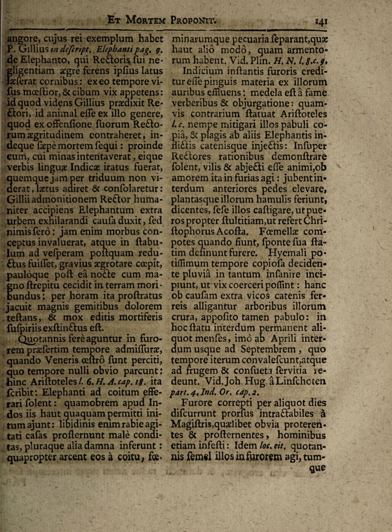 Hi angore, cujus rei exemplum habet P. Glllius m defcript. Elephantipag, q, de Elephanto, qui Refloris fui ne* Sentiam aegre ferens ipfius latus rat cornibus: exeo tempore vi- fus moeftior,6c cibum vix appetens: id quod videns Gillius praedixit Re- ftori, id animal effe ex illo genere, quod ex offenfione fuorum Reflo- rumaegritudinem contraheret, in- deque faepe mortem fequi: proinde eum, cui minas intenta verat, eique verbis linguae Indicae iratus fuerat, uemquejamper triduum non vi- erat, laetus adiret & confolaretur: Gillii admonitionem Reflor huma¬ niter accipiens Elephantum extra urbem exhilarandi caufa duxit, fed nimis fero: jam enim morbus con¬ ceptus invaluerat, atque in ftabu- lum advefperam poflquam redu- £tus fuiflet, gravius aegrotare coepit, pauloque poft ea nofte cum ma¬ no llrepitu cecidit in terram mori* undus; per horam ita proftratus jacuit magnis gemitibus dolorem teftans, & mox editis mortiferis fulpiriis exftinflus eft. Quotannis fere aguntur in furo- • rem praefertim tempore admiffurae, quando Veneris ceftro funt perciti, quo tempore nulli obvio parcunt: hinc Ariftoteles l 6. H. A. cap. ig, ita feribit: Elephanti ad coitum effe¬ rari folent: quamobrem apud In¬ dos iis haut quaquam permitti ini¬ tum ajunt: libidinis enim rabie agi¬ tati cafas profternunt male condi¬ tas, pluraque alia damna inferunt: quapropter arcent eos a coitu , fte* minarumque pecuaria feparant,quae haut alio modo, quam armento¬ rum habent. Vid. Plin. //. N. Indicium inflantis furoris credi¬ tur effe pinguis materia ex illorum auribus efRuens: medela eft a fame verberibus 6c objurgatione: quam¬ vis contrarium ftatuat Ariftoteles /. c, nempe mitigari illos pabuli co¬ pia, plagis ab aliis Elephantis in- fliftis catenisque injeftis: Infuper Reflores rationibus demonftrare folent, vilis & abjefti effe animi,ob amorem ita in furias agi: jubent in¬ terdum anteriores pedes elevare, plantasque illorum hamulis feriunt, dicentes, fefe illos caftigare, ut pue¬ ros propter ftultitiam,ut refert Chri- ftophorus Acofta. Fcemellae com¬ potes quando fiunt, fponte fua fla¬ rim definunt furere. Hyemali po- tifiimum tempore copiofa deciden¬ te pluvia in tantum infanire inci¬ piunt, ut vix coerceri poflint: hanc ob caufam extra vicos catenis fer¬ reis alligantur arboribus illorum crura, appofito tamen pabulo: in hoc flatu interdum permanent ali¬ quot menfes, imo ab Aprili inter¬ dum usque ad Septembrem , quo tempore iterum convalefcunt,atque ad frugem 8c confueta fervitia re¬ deunt. VidJoh.Hug.aLinfchoten part. 4% Ind, Or. cap, 2. Furore correpti per aliquot dies difeurrunt prorfus intraftabiles h Magiftris,quaelibet obvia proteren¬ tes & profternentes, hominibus etiam infefti: Idem loc, eit\ quotan¬ nis fem«l illos in furorem agi,tum- que