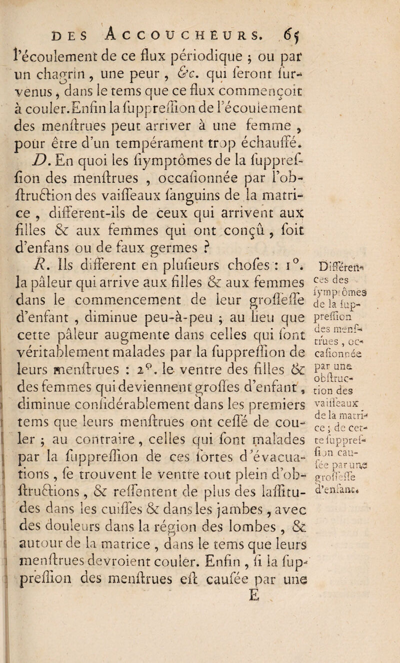 l’écoulement de ce flux périodique $ ou par un chagrin , une peur , &c. qui feront fur«* venus j dans le tems que ce flux commençait à couler.Enfin la fuppreflion de l’écoulement des menftrues peut arriver à une femme , pour être d’un tempérament trop échauffé. D. En quoi les fiymptômes de la fuppref- fion des menftrues , occafionnée par l’ob- ftruéHon des vaiffeaux fanguins de la matri- ce 5 different-ils de ceux qui arrivent aux filles & aux femmes qui ont conçu , foit d'enfans ou de faux germes ? R. Ils different en plufieurs chofes : i°. la pâleur qui arrive aux filles & aux femmes dans le commencement de leur groffeffe d’enfant , diminue peu-à-peu ; au lieu que cette pâleur augmente dans celles qui font véritablement malades par la fuppreflion de leurs menftrues : 2P. le- ventre des filles & des femmes qui deviennent grofles d’enfant, diminue confidérablement dans les premiers tems que leurs menftrues ont ce fie de cou» 1er ; au contraire, celles qui font malades par la fuppreflion de ces fortes d’évacua¬ tions , fe trouvent le ventre tout plein d’ob- ftruftions, & reffentent de plus des laffitu- des dans les cuiffes ck dans les jambes 9 avec des douleurs dans la région des lombes , & autour de la matrice , dans le tems que leurs menftrues devroient couler. Enfin , fl la fup¬ preflion des menftrues eft caufée par une E ,v Différent ces des fyrnp'ômea de la iup- preffion des menf* crues , oc* cafîonpée par une: obftruo tion des va idéaux de la ma tri-» ce ; de cet¬ te lu p prêt- lîjn cau¬ fée parues grollefle d’enfanc*
