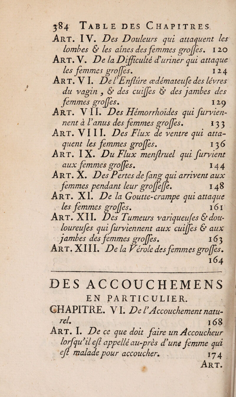 Art. IV. Des Douleurs qui attaquent les lombes & les aines des femmes groffes. 120 Art. V. De la Difficulté et ’uriner qui attaque les femmes groffes. 124 Art. VL De UEnflure œdémateufe des lèvres du vagin , & des cuiffes & des jambes des femmes groffes. 129 Art. VII. Des Hémorrhoïdes qui fur vien¬ nent à Vanus des femmes groffes. 133 Art. VI 11. Des Flux de ventre qui atta¬ quent les femmes greffes. 13 6 Art. IX. Du Flux menflruel qui furvient aux femmes groffes. 144 Art. X. Des Pertes defang qui arrivent aux femmes pendant leur groffeffe. 148 Art. XI. De la Goutte-crampe qui attaque les femmes groffes. 161 Art. XII. Des Tumeurs variqueufes & dou- loureufes qui furviennent aux cuiffes & aux jambes des femmes groffes. 163 A R T. X111. De la Vcroie des femm es gro(Jes. 164 DES ACCOUCHEMENS EN PARTICULIER. CHAPITRE. VI. D e U Accouchement natu¬ rel. 168 Art. I. De ce que doit faire un Accoucheur lorfqu ilef appellé au-près d'une femme qui efl malade pour accoucher. _ 174 Art.