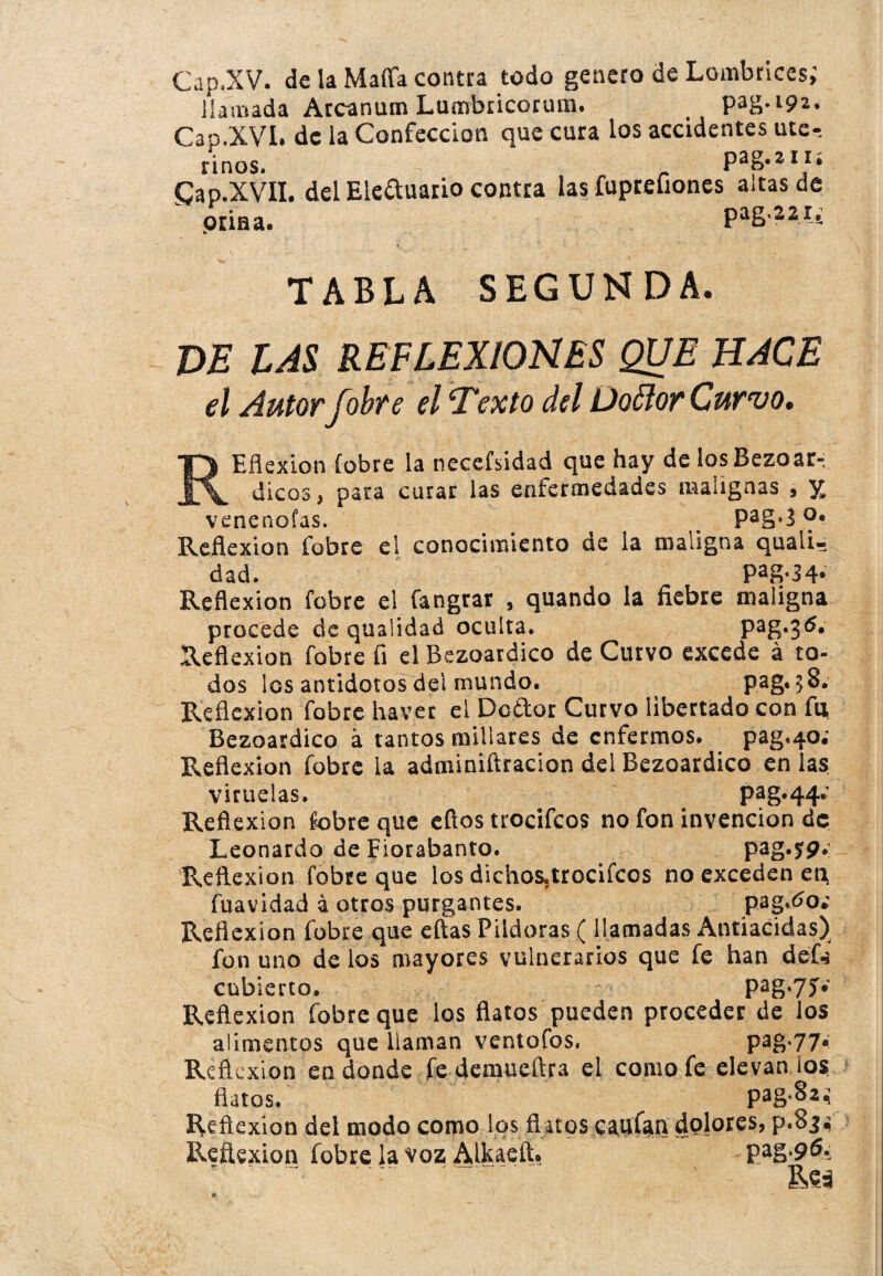 Cap.XV. de la Maffa contra todo genero de Lombrices; llamada Arcanum Lumbricorum. pag.192. Cap.XVI. de la Confección que cura los accidentes ute¬ rinos. pag.ziü Gap.XVII. del Ele&uario contra las fuprefiones altas de orina. pag.22x; TABLA SEGUNDA. m LAS REFLEXIONES QUE HACE el Autor fobre el Texto del Doélor Curvo. REñexion íobre la necesidad que hay de losBezoar- dicos, para curar las enfermedades malignas , X venencias. # . P2g*3 Reflexión fobre el conocimiento de la maligna quali- dad. pag‘34- Reflexión fobre el fangrar , quando la fiebre maligna procede de qualidad oculta. Pag*3^# Reflexión fobre fi el Bezoardico de Curvo excede á to¬ dos los antídotos del mundo. pag. 58. Reflexión fobre haver el Do&or Curvo libertado con fu Bezoardico á tantos millares de enfermos. pag.40; Reflexión fobre la adminiftracion del Bezoardico en las viruelas. Pag*44* Reflexión fobre que eflos trocifeos no fon invención de Leonardo de Eiorabanto. pag.jp^ Reflexión fobre que los dichos.trocifcos no exceden en, fuavidad á otros purgantes. pag,do¿ Reflexión fobre que eftas Pildoras ( llamadas Antiacidas) fon uno de los mayores vulnerarios que fe han deí-s cubierto. P2g*7í* Reflexión fobre que los flatos pueden proceder de los alimentos que llaman ventofos. pag.77. Reflexión en donde fe demueftra el comofe elevan ios flatos. pag‘82^ Reflexión del modo como los flatos chufan dolores, p.8jí Reflexión fobre la voz AlkaeíL pag.96. Mi ti