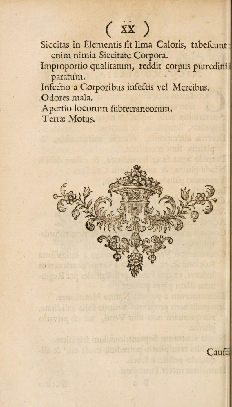 Siccitas in Elementis fit lima Caloris, tabefeunt enim nimia Siccitate Corpora. Improportio qualitatum, reddit corpus putredini paratum. Infe&io a Corporibus infe&is vel Mercibus. Odores mala. Apertio locorum fubterraneorum. Terras Motus, Caule