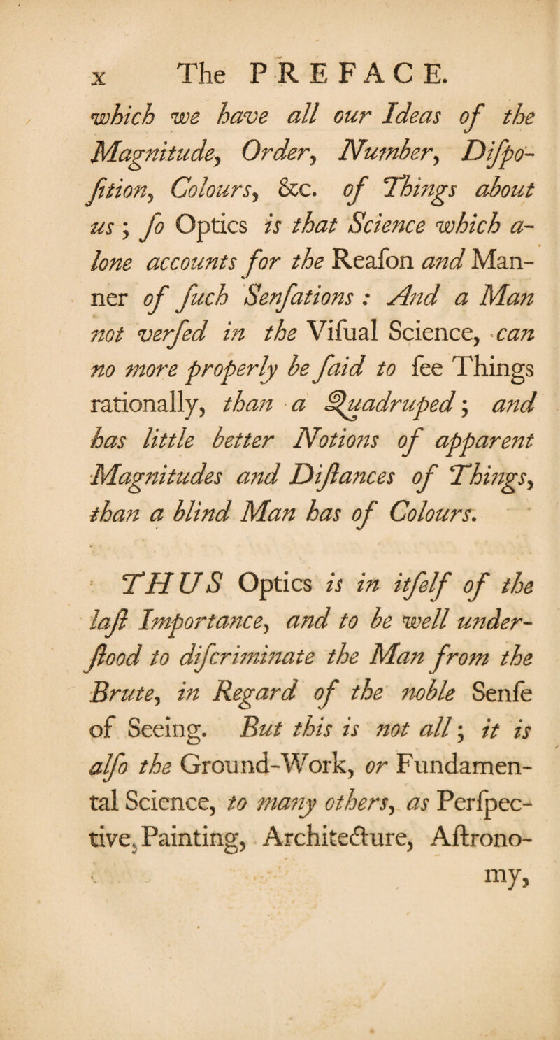 which we have all cur Ideas of the Magnitude, Order, Number, Difpo- Jition, Colours, &c. of Thmgs about us ; yl? Optics fr that Science which a- . • lone accounts for the Reafon and Man¬ ner of fuch Senfations : And a Man not verfed in the Vifual Science, •can no more properly be faid to fee Things rationally, than a Quadruped; and has little better Notions of apparent Magnitudes and Dijlances of Things^ than a blind Man has of Colours. THUS Optics is in itfelf of the lafl Importance, and to be well under¬ flood to difcrimmate the Man from the Brute, in Regard of the noble Senle of Seeing. But this is not all; it is alfo the Ground-Work, or Fundamen¬ tal Science, to many others, as Perfpec- tive. Painting, Architecture, Aftrono- my>