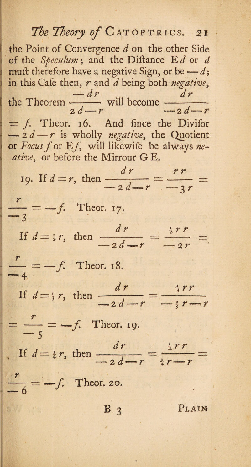 the Point of Convergence d on the other Side of the Speculum; and the Diftance Ed or d mu ft therefore have a negative Sign, or be —d\ in this Cafe then, r and d being both negative, — dr dr the Theorem- will become -—— 2 d—r —2 d—r = /. Theor. 16. And fince the Divifor — 2 d — r is wholly negative, the Quotient or Focus f or Ef9 will likewife be always ne¬ at ive^ or before the Mirrour G E. dr r r 19. If d = r, then - - 2 d‘ */. Theor. iy. 3 r If d == i r, then ^ r r r 2 r — 4 If = f r, then Theor. 18. J r 1 rr r If d~ir, then — 2d-—; <—f Theor. 19. d r r 2 d — — f Theor. 20.